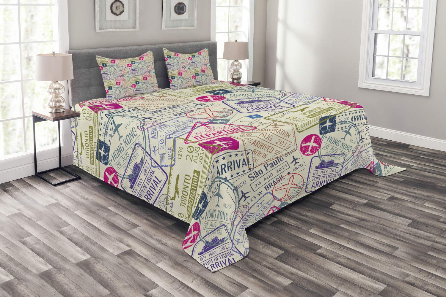 Ambesonne Travel-Themed King Size Bedspread Set - 3 Piece Decorative Bedding with 2 Pillow Shams, Passport & Visa Stamp Design Featuring Toronto Hong Kong Berlin Print in Eggshell & Pink | Perfect for Wanderlust Bedrooms, Guest Rooms & Travel-Inspired Home Decor