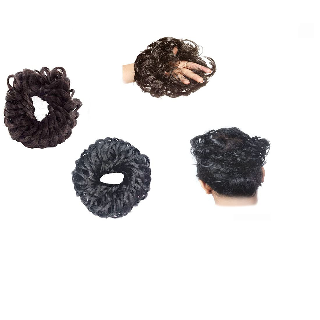 VinshBond Elastic Rubber Juda Bun Hair Extension - Black/Brown (Pack of 4) for Women & Girls - Perfect for Hair Styling, Ponytails & Updos
