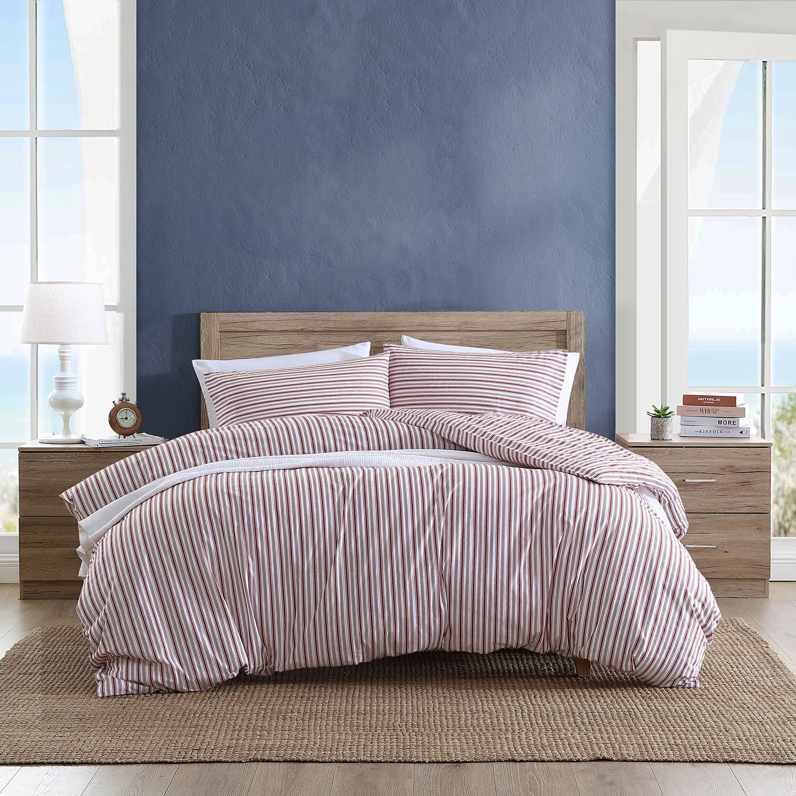 Nautica Queen Size Duvet Cover Set - 100% Cotton Reversible Comforter Cover with Button Closure, All Season Luxury Bedding - Coleridge Stripe Red - Perfect for Master Bedroom, Guest Room & Vacation Homes