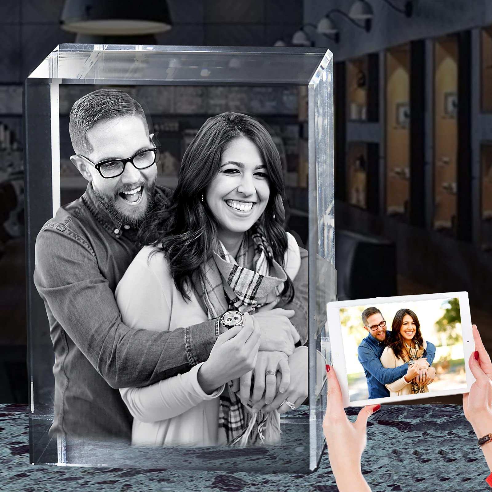 Custom 3D Crystal Photo Cube - Personalized Laser Engraved Picture Keepsake (2.4x3.9x2.4 Inch) - Perfect Father's Day Gift, Wedding Anniversary Present, Mother's Day Surprise & Memorial Keepsake - Display on Desk, Shelf or as Heartfelt Home Decor