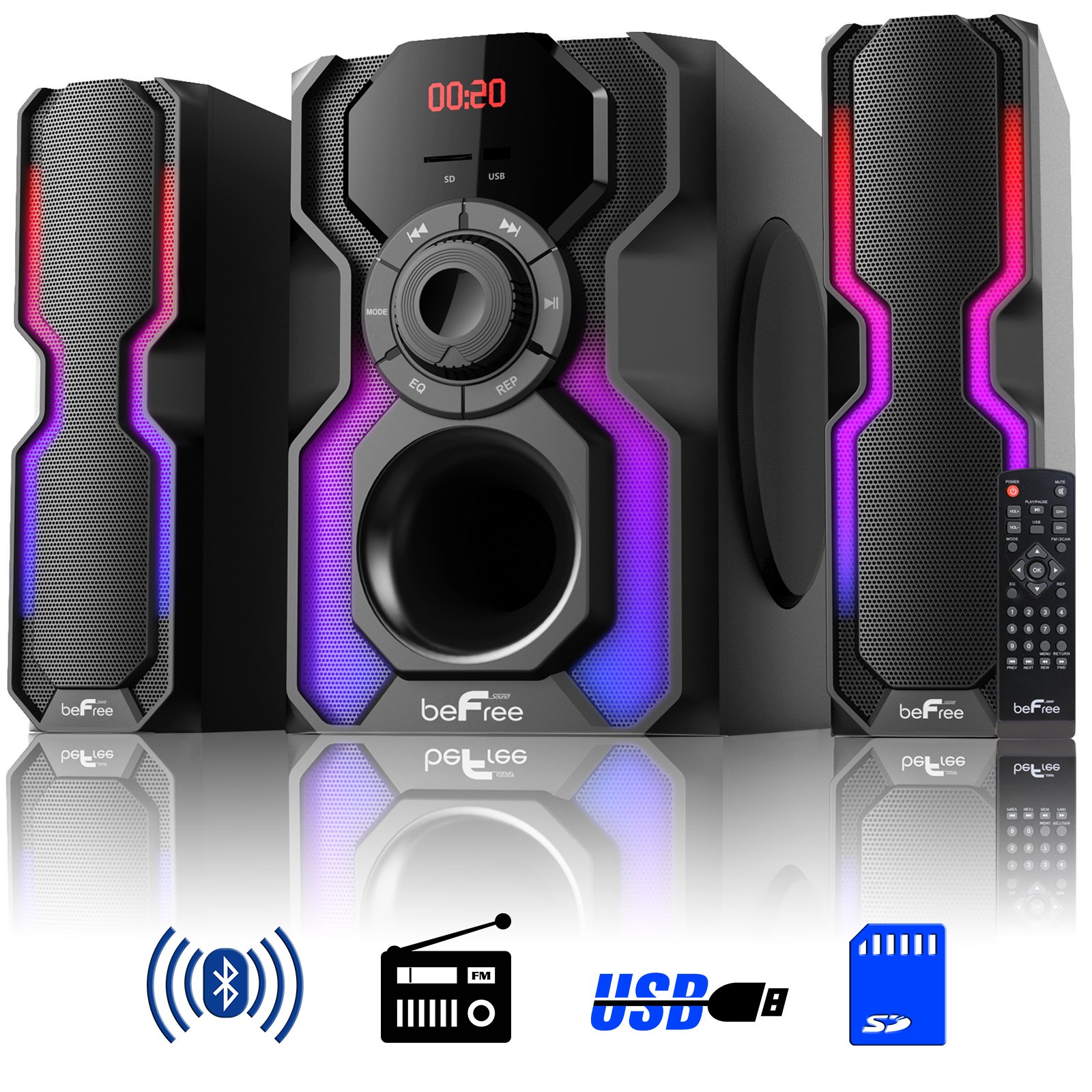 beFree Sound 2.1 Channel Bluetooth Multimedia Speaker System with LED Lights, FM Radio, USB/SD Input - Wireless & Wired Shelf Stereo for Home Theater, Gaming & Parties (Black, BFS-Shelf Speaker)