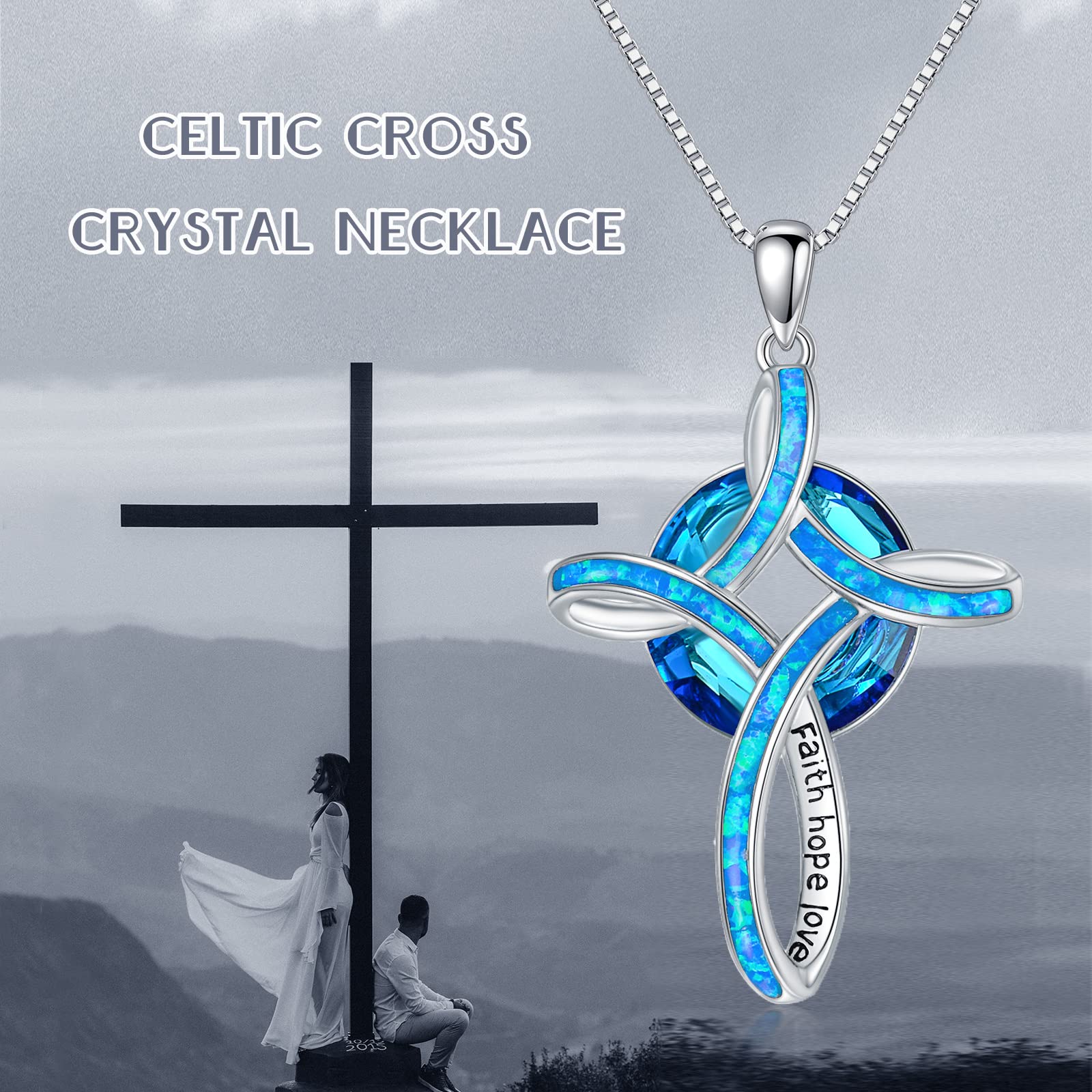 WINNICACA 925 Sterling Silver Opal Cross Necklace for Women - Celtic Knot Blue White Opal Pendant Jewelry, Christian Gifts for Her, Wife, Mom, Daughter | Birthday, Baptism, Wedding, Church Occasions