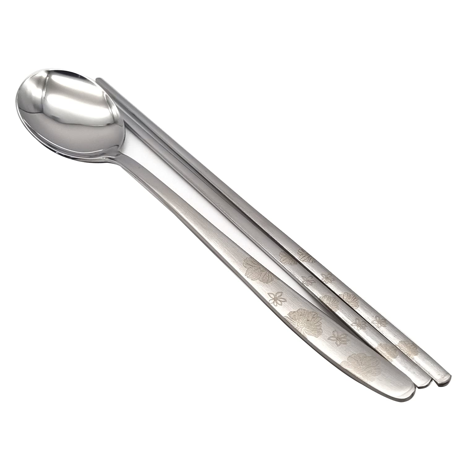SUPIA Korean Traditional Stainless Steel Cutlery Set - 4 Spoons & 4 Chopsticks with Long Handle, Reusable Tableware (Silver Flower Design) - Perfect for Korean BBQ, Asian Dining, and Home Kitchen Use