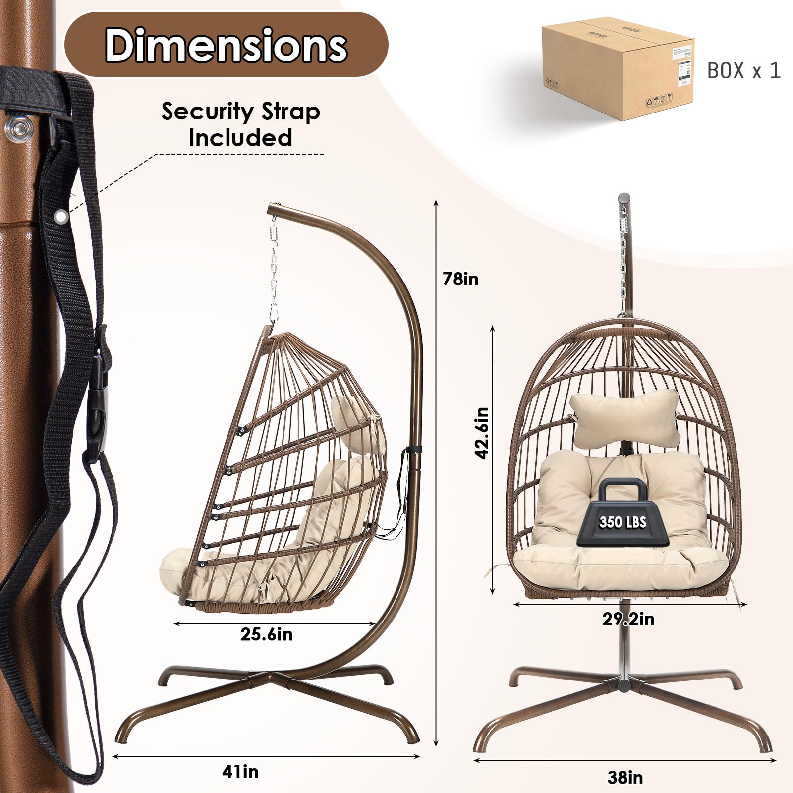 Outdoor Hanging Egg Chair with Stand - 350lbs Capacity PE Rattan Wicker Swing Chair with Waterproof Cushions, Foldable Basket Design for Patio, Garden, Bedroom & Indoor Use (Brown) | Perfect for Relaxing, Reading & Lounging in Backyard or Sunroom