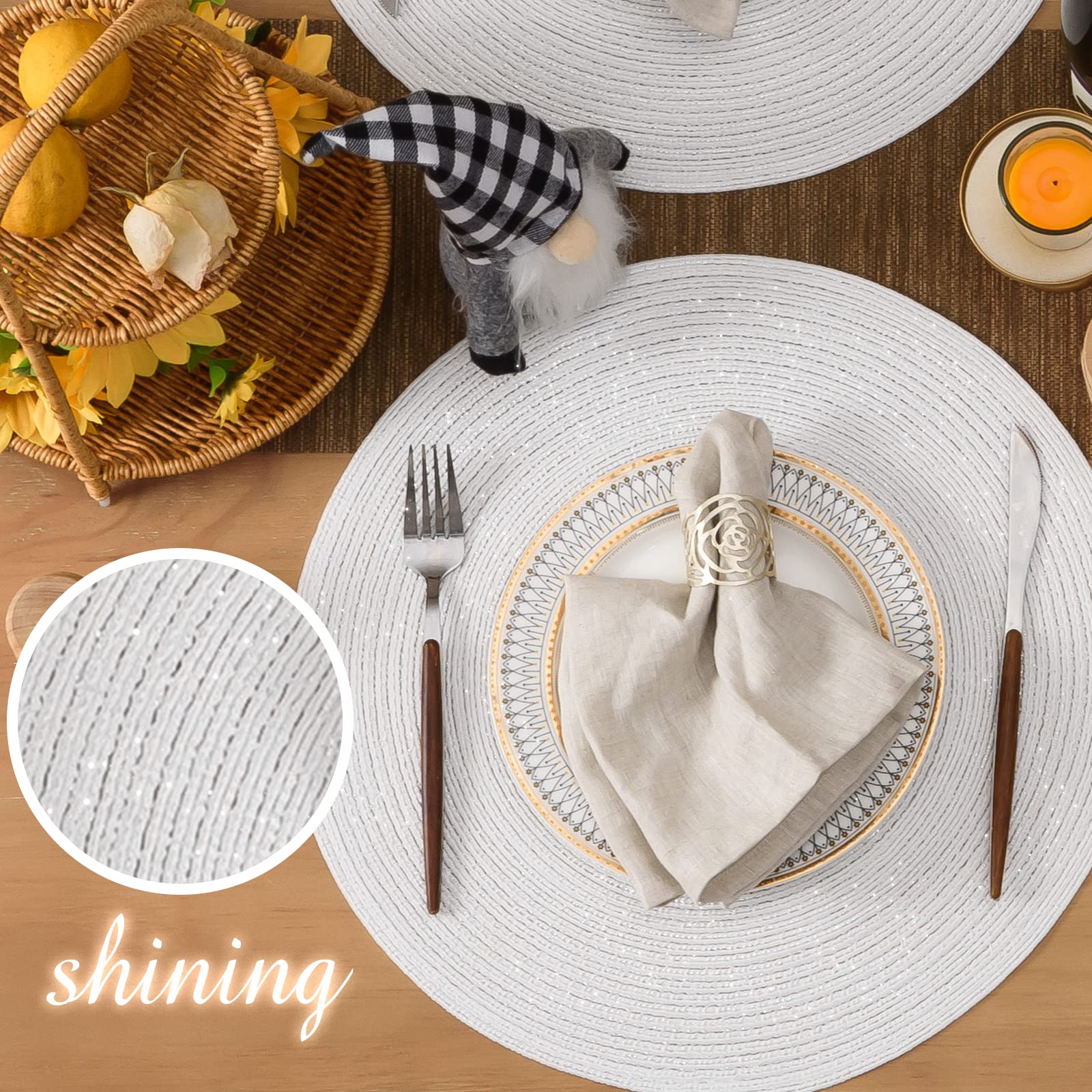 FunWheat Round Placemats Set of 6 - 15 Inch Washable Non-Slip Table Mats for Dining - Wedding Party Decor (White Silver) | Perfect for Everyday Meals, Dinner Parties & Special Occasions