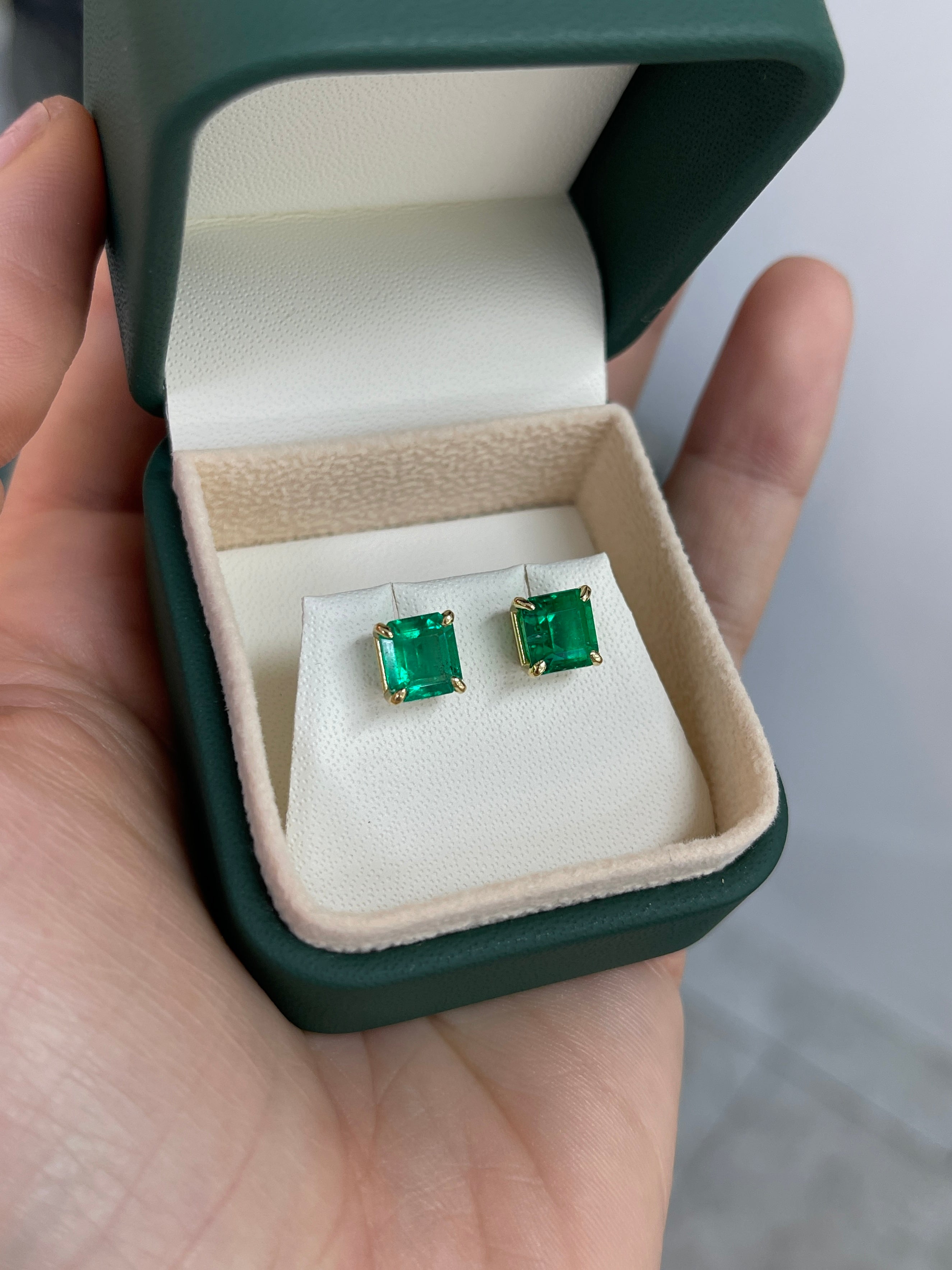 3.18tcw 7x7 AAA+ Muzo Green Asscher Cut Colombian Emerald Stud Earrings in 18K Gold - Perfect for Weddings, Anniversaries & Special Occasions