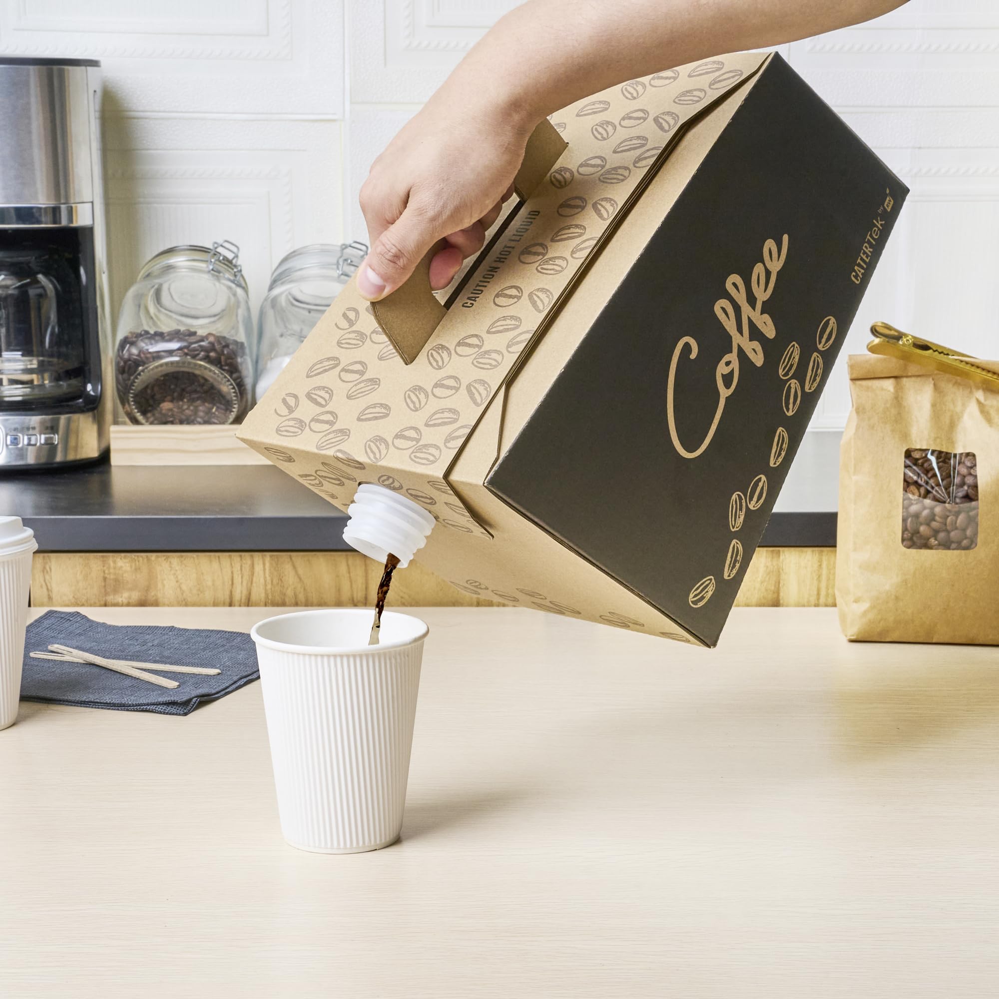 Restaurantware Cater Tek 160oz (10-Pack) Insulated Black Paper Coffee To-Go Containers with Handle - Disposable Beverage Servers for Catering, Events & Office Use - Keeps Coffee Hot, Portable for Up to 20 Cups