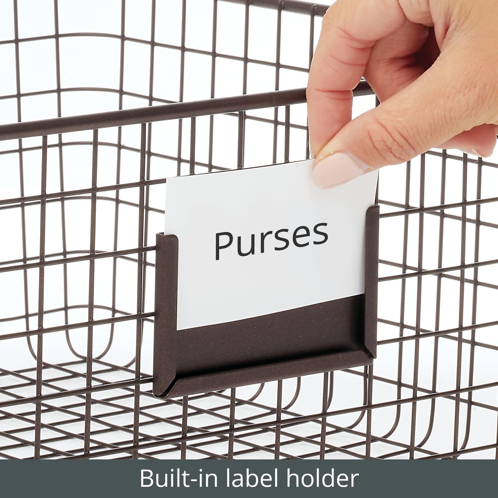 Farmhouse Metal Storage Bins with Label Slots - 2 Pack Bronze Wire Organizing Baskets for Closet, Cabinet & Cupboard | Perfect for Clothing, Linens, Shoes & Home Organization | Omaha Collection Storage Solution