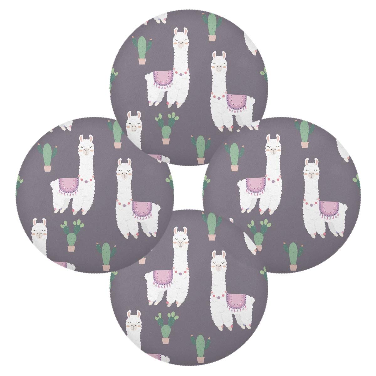 MCHIVER Alpacas Cactus Holiday Table Mats - Set of 6 Non-Slip Round Placemats, 15.4 Inch, Perfect for Kitchen, Dining Room, and Outdoor Picnics