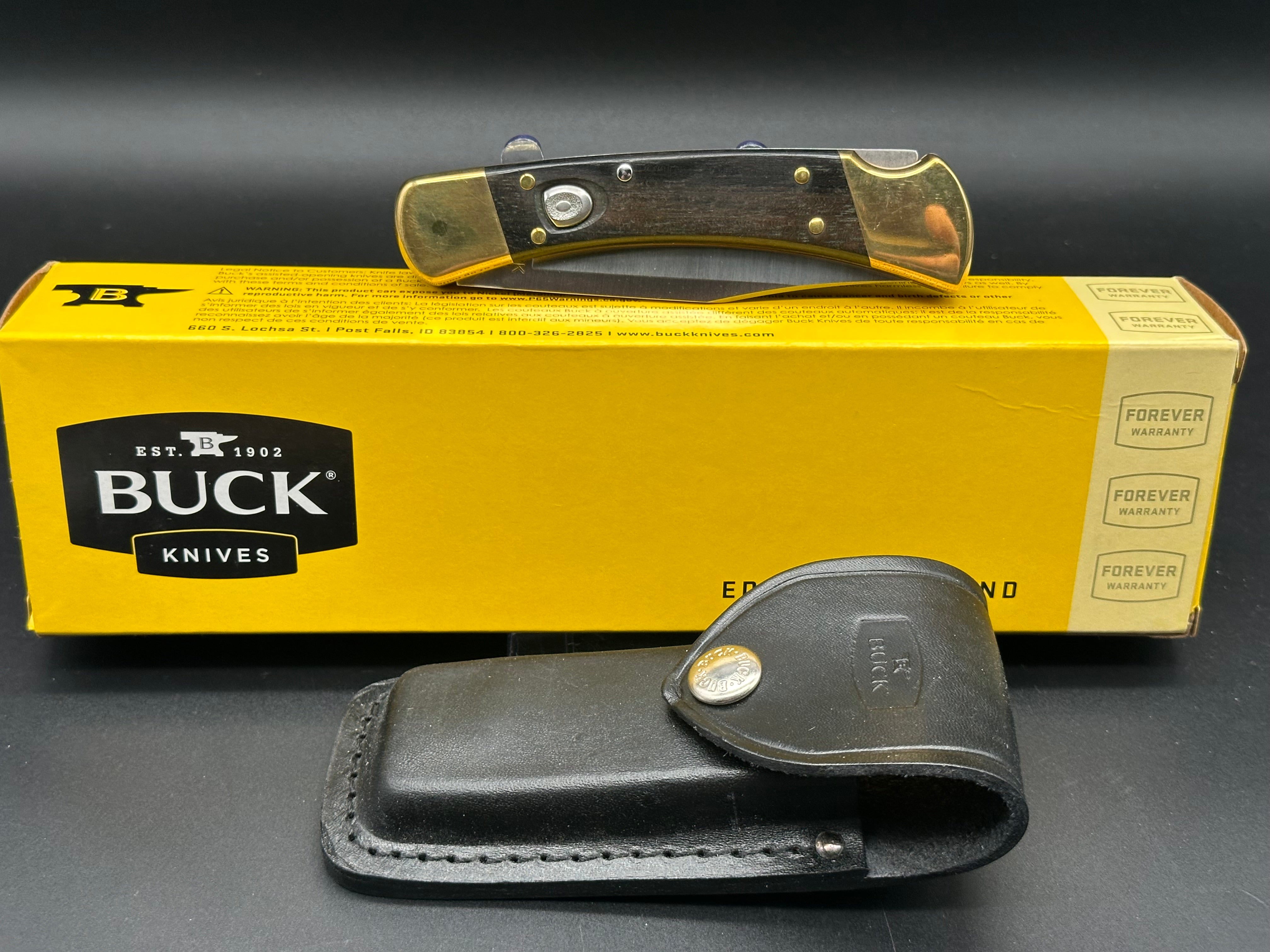 Buck 110 Automatic Folding Knife - Ebony Wood & Brass Handle, 420HC Stainless Steel Blade with Leather Sheath - Perfect for Hunting, Camping & Everyday Carry (EDC)