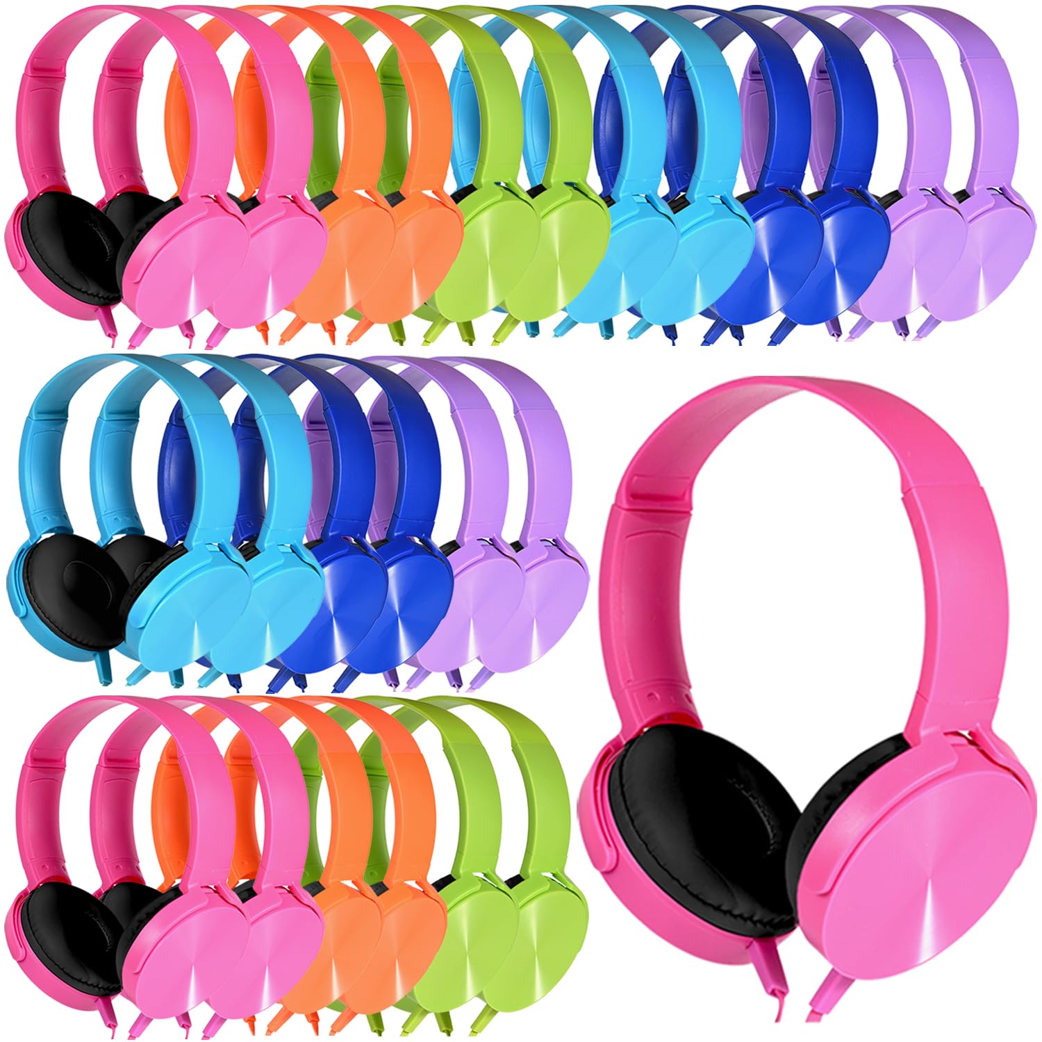 Bulk Headphones 24 Pack - Multi-Colored Swivel Earphones for Students, Classroom, School, Library & Travel | Comfortable Kids Headphones for Online Learning, Airplane Use & Distance Education