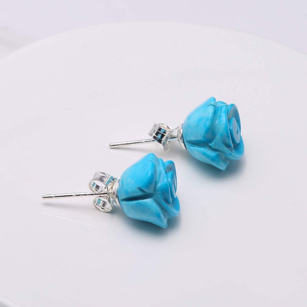 Handmade Carved Rose Flower Stud Earrings for Women | 11mm Blue Turquoise Jewelry | Elegant Fancy Earrings for Party, Wedding & Everyday Wear