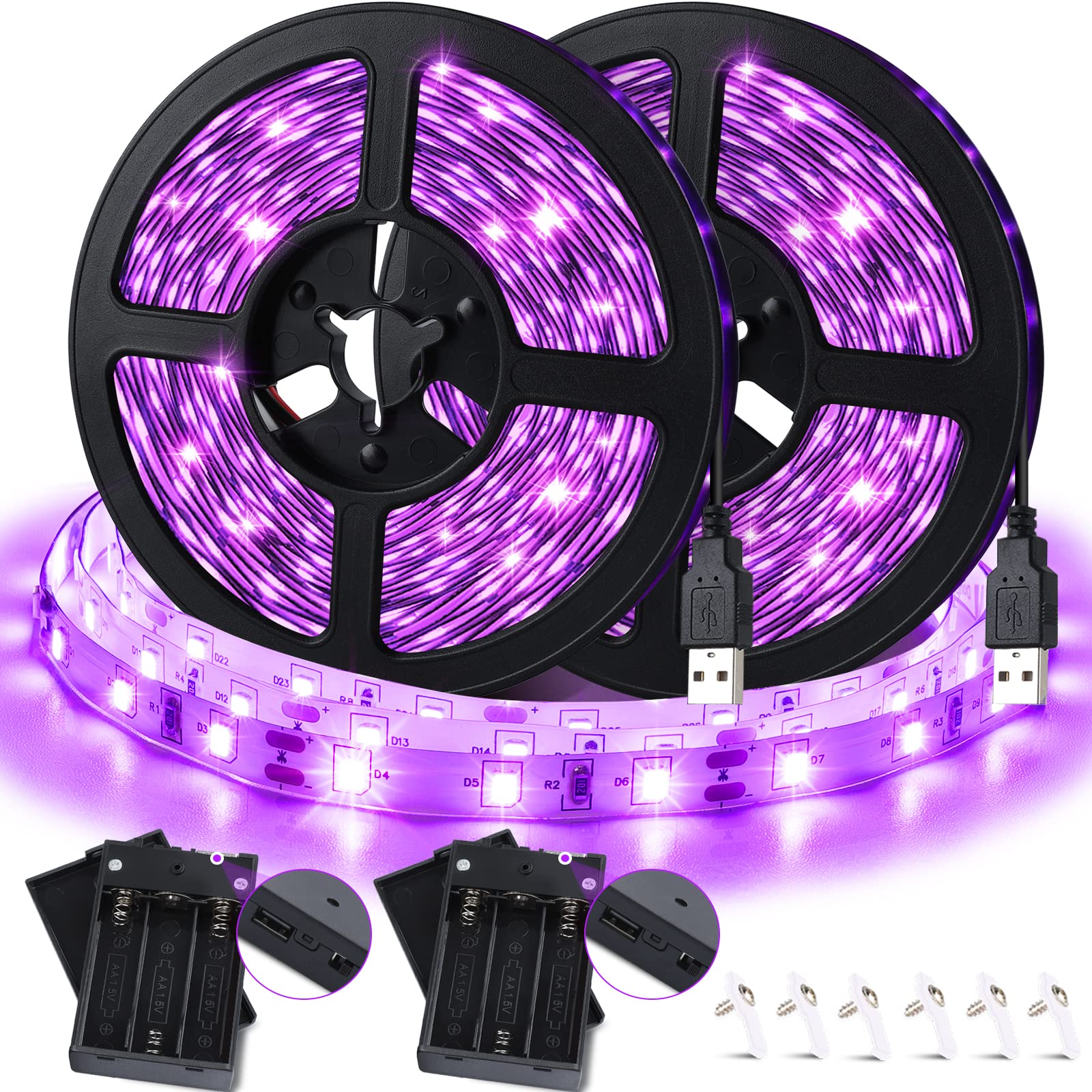 16.4Ft Black LED Light Strip - USB & Battery Powered, Adhesive Backing for Halloween Glow, Neon Party Decor, UV Reactive Paint & Vaseline Glass Display - Perfect for Cabinets, Doll Cases & Fluorescent Art (Non-Waterproof)