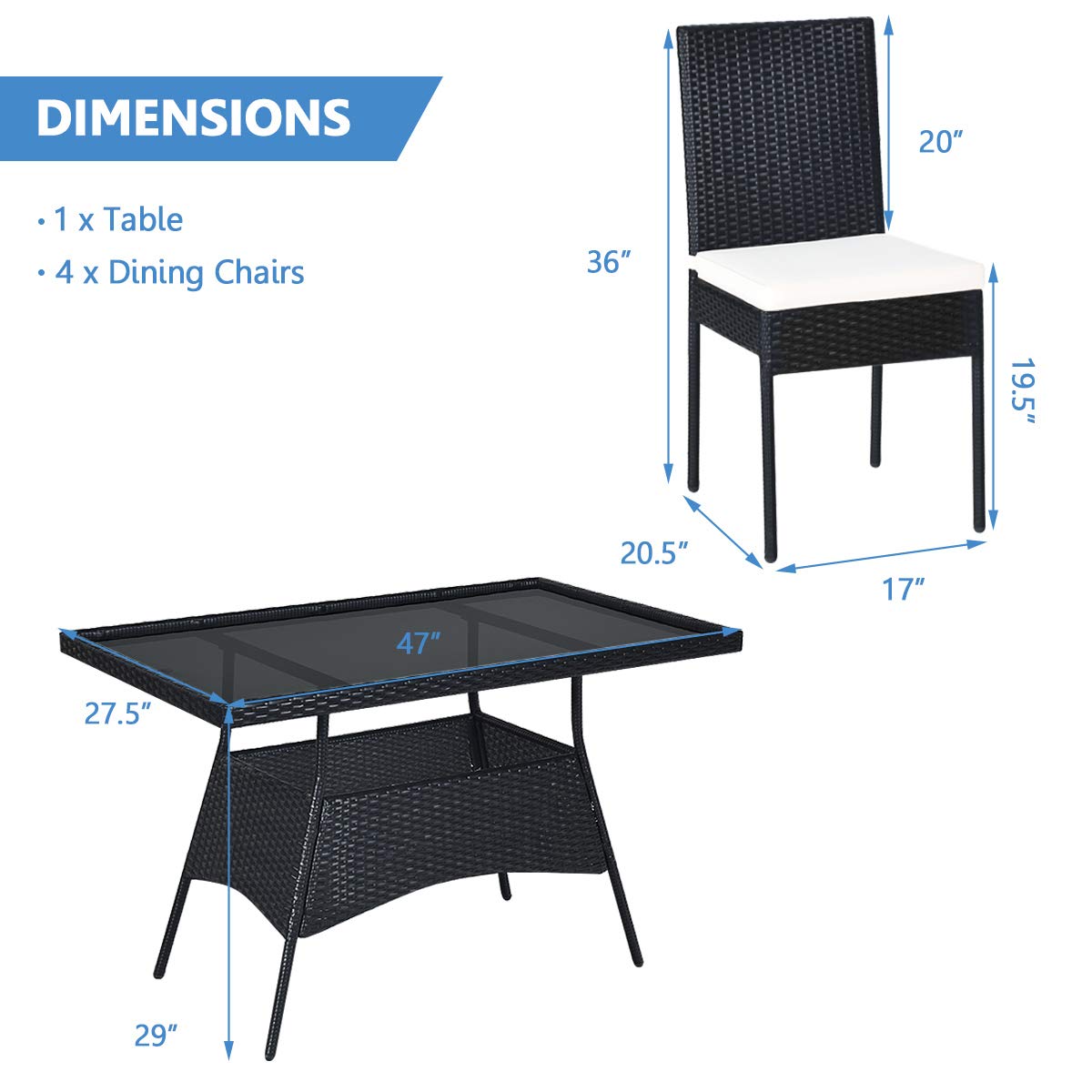 HAPPYGRILL 5-Piece Outdoor Patio Dining Set - Rattan Wicker Table & Chairs with Cushions & Tempered Glass Top - Garden, Poolside & Backyard Furniture for Relaxing & Entertaining