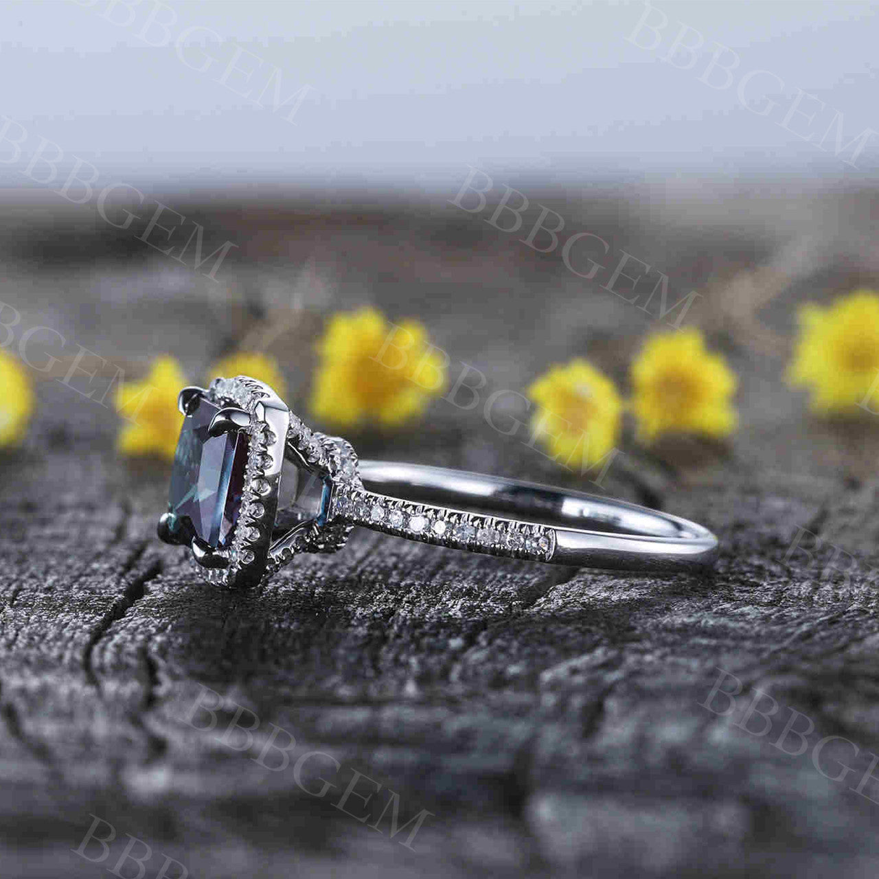 Princess Cut Alexandrite Diamond Engagement Ring - Thin Pave Half Eternity Band (7mm) - Color Changing Gemstone Ring - Art Deco Style - Perfect for Proposals, Anniversaries & Special Occasions
