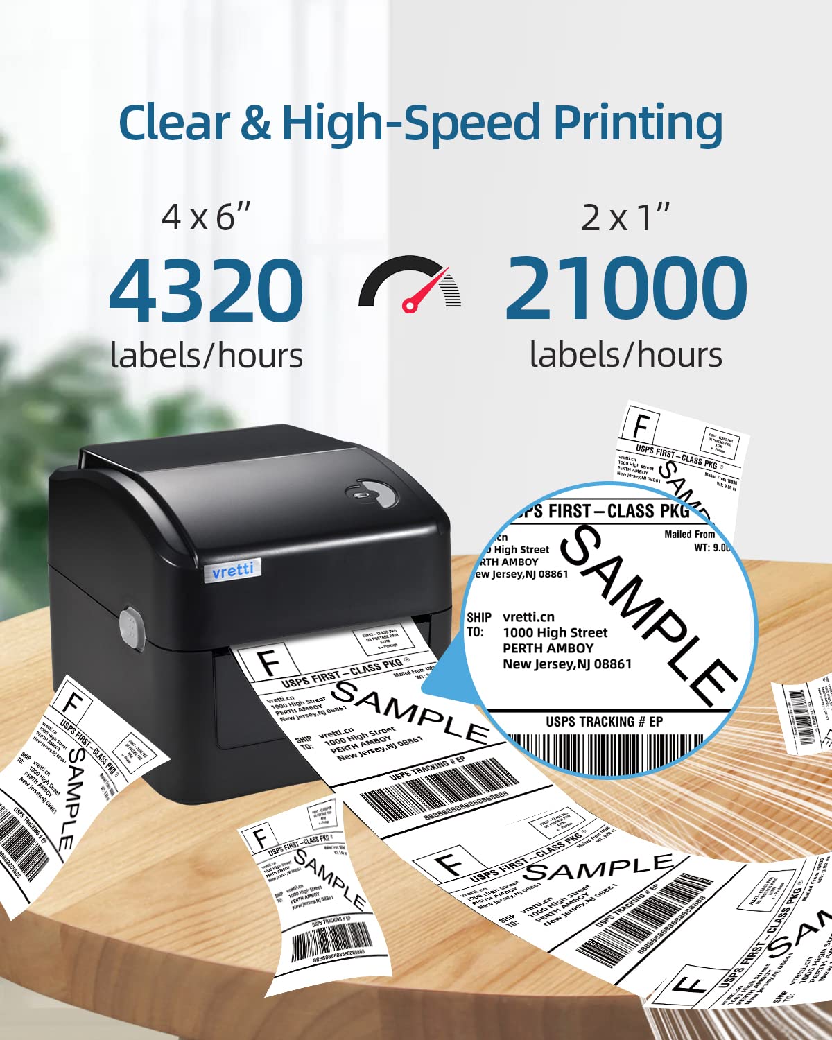 Vretti Bluetooth Label Printer 4x6 - High-Speed Thermal Barcode Printer with USB Direct Printing (152mm/s) for Shipping Labels, Packaging & Inventory Management