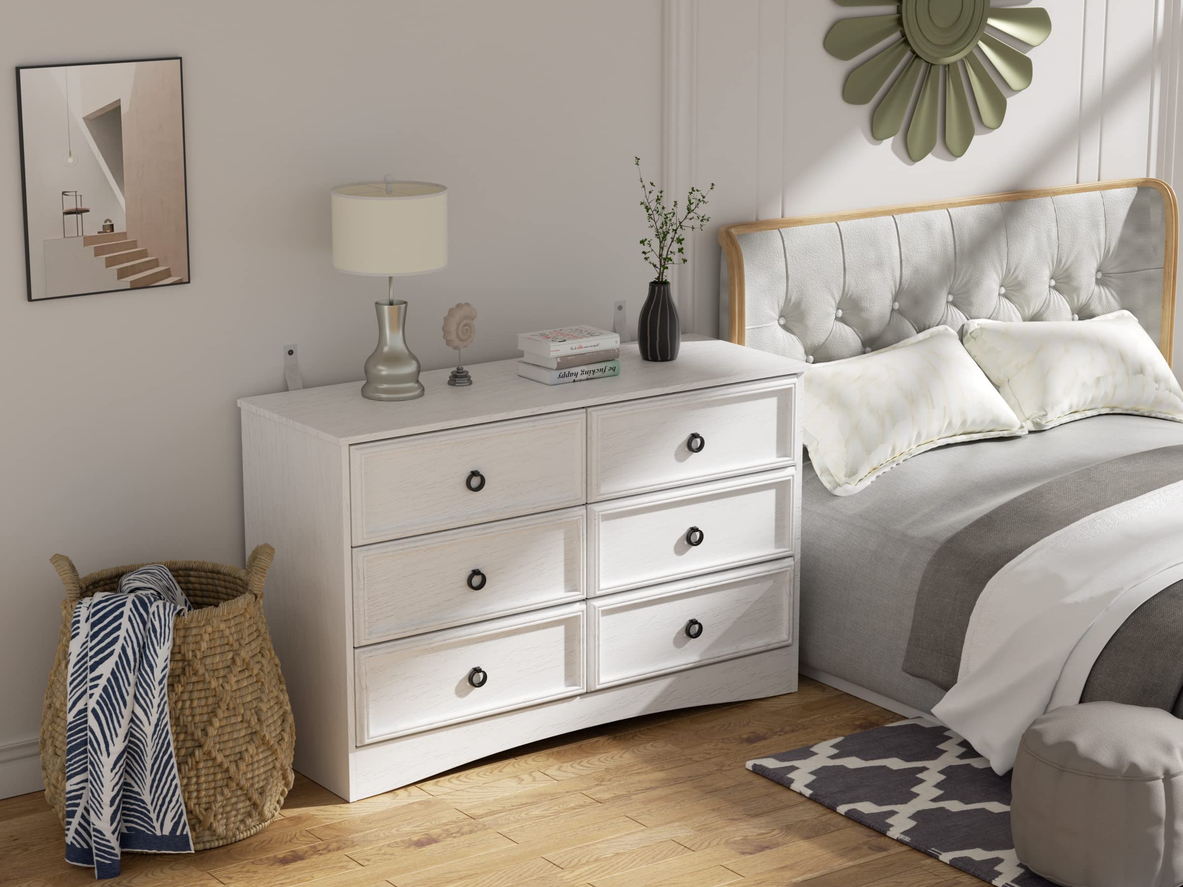 Modern 6-Drawer White Dresser for Bedroom - Wooden Chest of Drawers with Easy-Pull Handles & Textured Borders - Closet Organizer for Clothes Storage - Perfect for Bedroom, Hallway & Home Organization