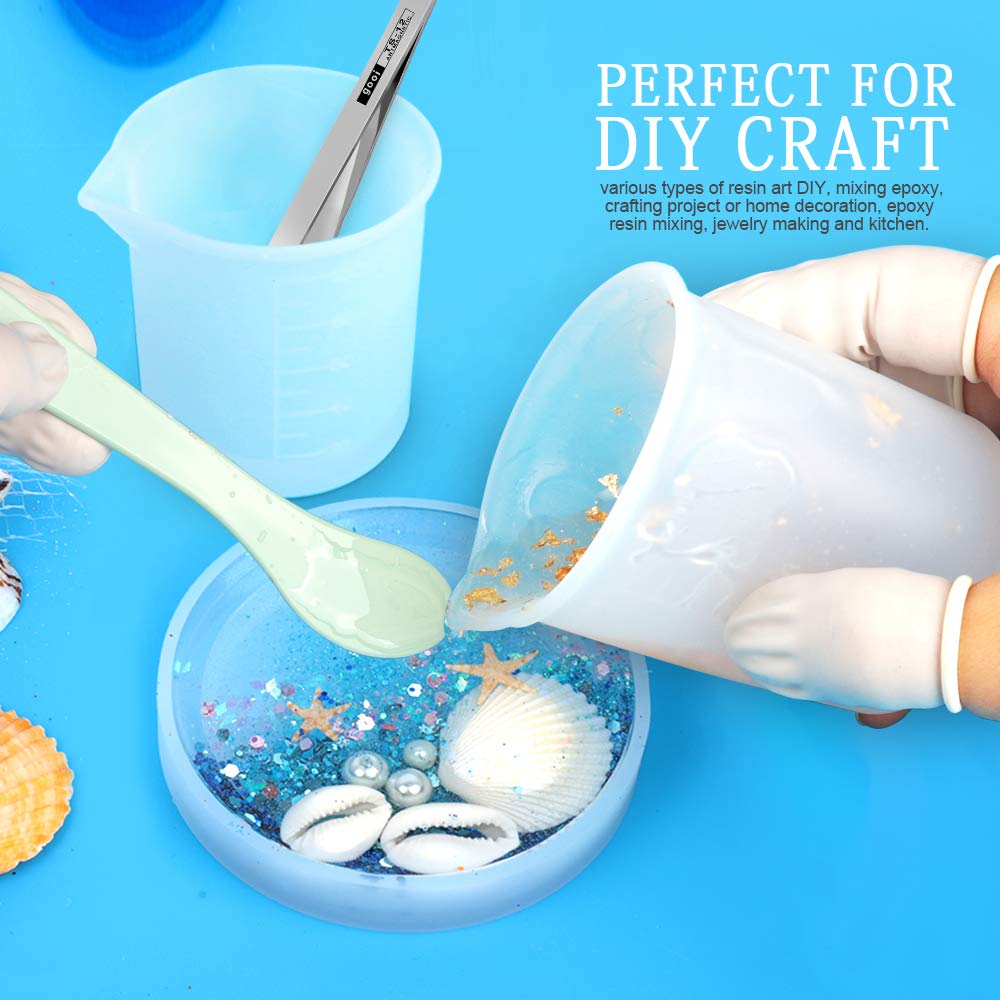 LEOBRO 250ml & 100ml Silicone Measuring Cups for Epoxy Resin - Reusable Mixing Cups with Thick Stir Stick, Finger Cots & Tweezers - Perfect for Resin Art, Jewelry Making and DIY Craft Projects