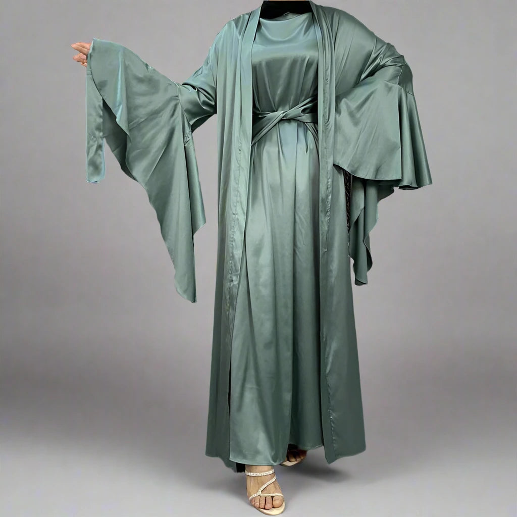 2 Piece Set Satin Open Abaya Dress for Women - Elegant Muslim Prayer Dress & Evening Wear - Perfect for Ramadan, Eid, and Special Occasions
