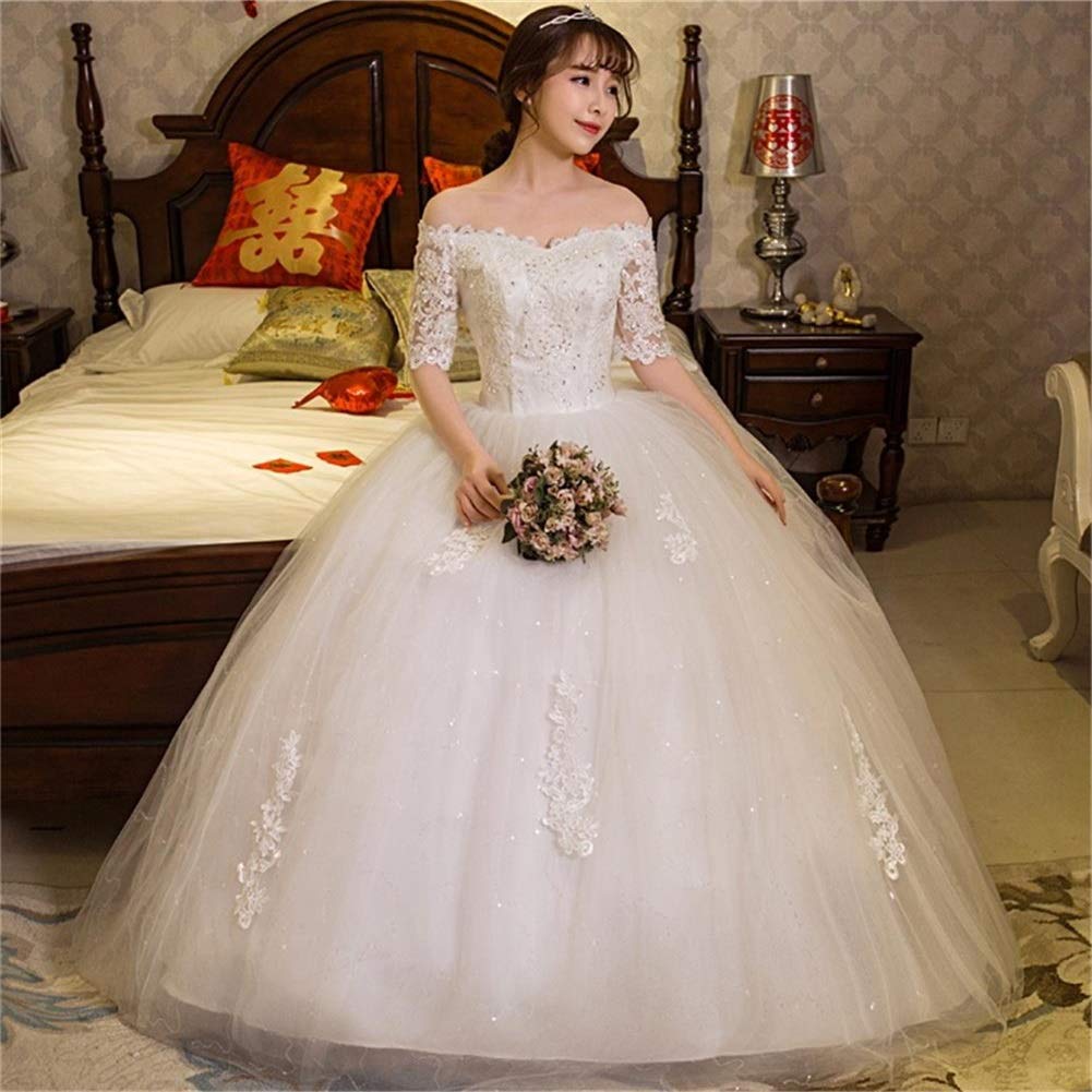 Elegant Off-Shoulder Lace Applique Beaded Wedding Dress with Half Sleeves - White Bridal Gown Size US16 for Romantic Ceremonies & Beach Weddings