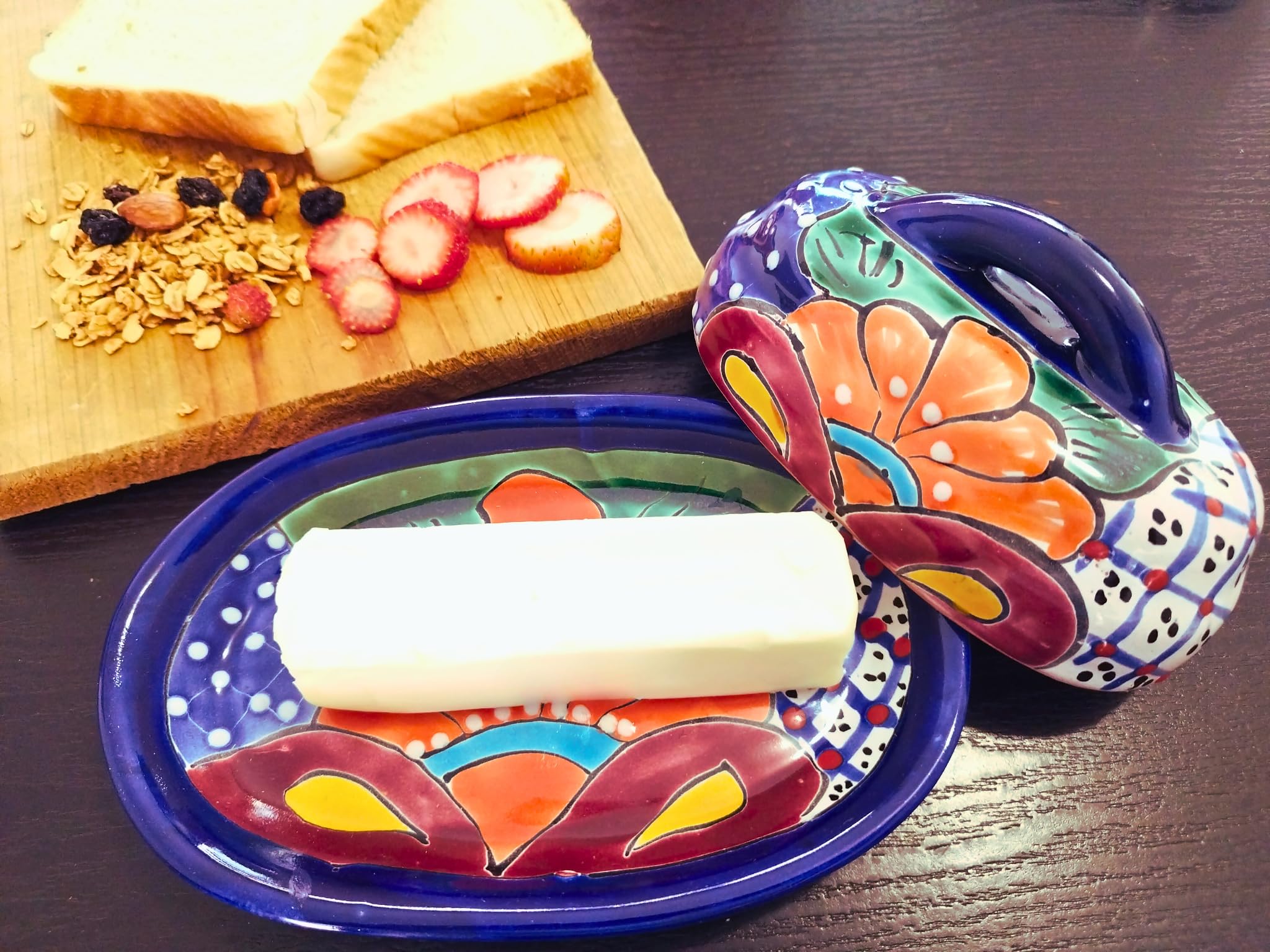 Hand-Painted Authentic Mexican Talavera Ceramic Butter Dish with Lid - Floral Design Kitchen Decor for Dining Table & Breakfast Buffet (Blue)