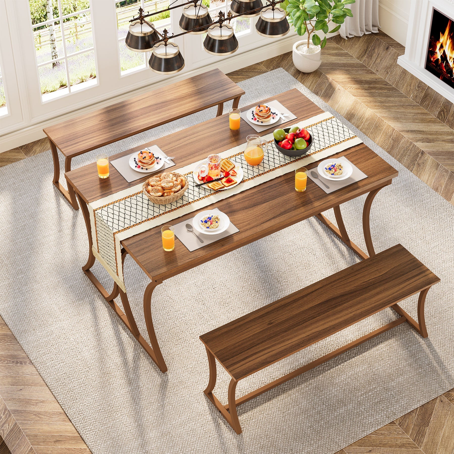 4-Piece 51-Inch Dining Table Set with 2 Benches & Table Runner - Modern Kitchen Furniture for Small Spaces, Perfect for Breakfast Nook, Apartment Dining or Outdoor Patio