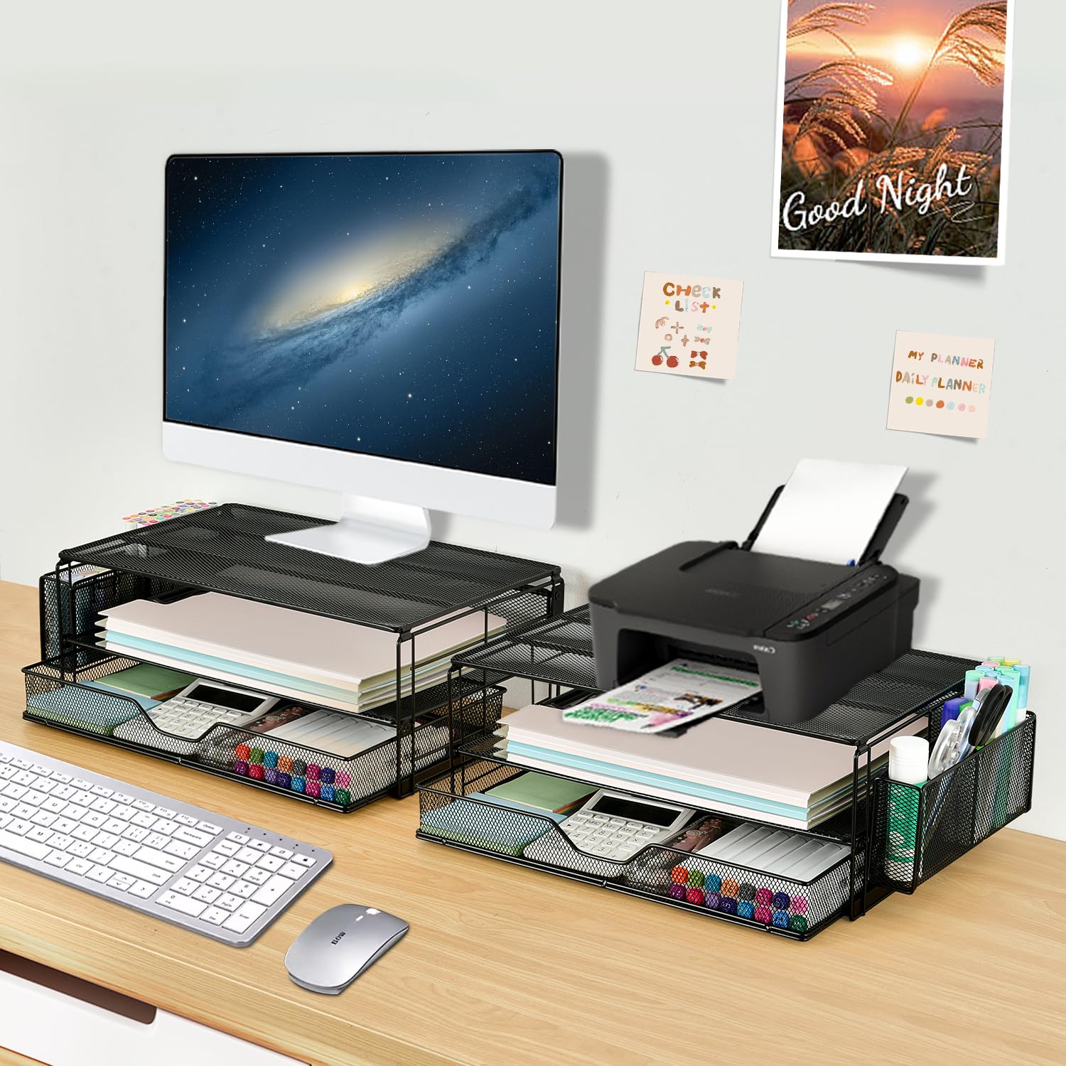 AUPSEN 2 Tier Metal Monitor Stand with Drawer & 2 Pen Holders - Adjustable Computer Monitor Riser, Desk Organizer for Laptop, PC, Printer - Perfect for Home Office, Gaming Setup & Workspace Accessories (Black)