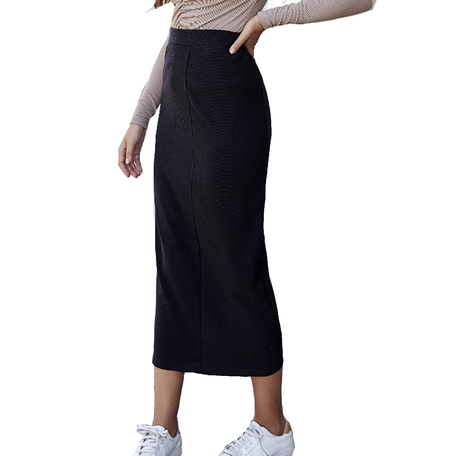 Sexy High Waist Bodycon Midi Skirt for Women - Stretchy Pencil Skirt Solid Color Below Knee Length - Perfect for Office Work, Night Out & Casual Wear