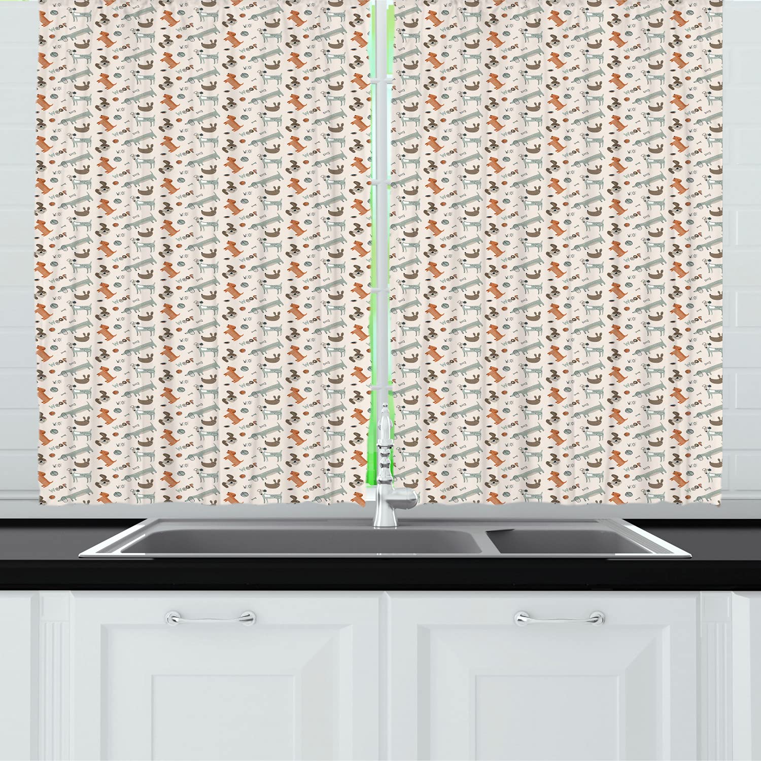 Ambesonne Dog Themed Kitchen Curtains - Sketchy Pattern with Happy Puppies, Woof Words, Balls & Cups - 2 Panel Rod Pocket Drapes for Kitchen Decor - 55