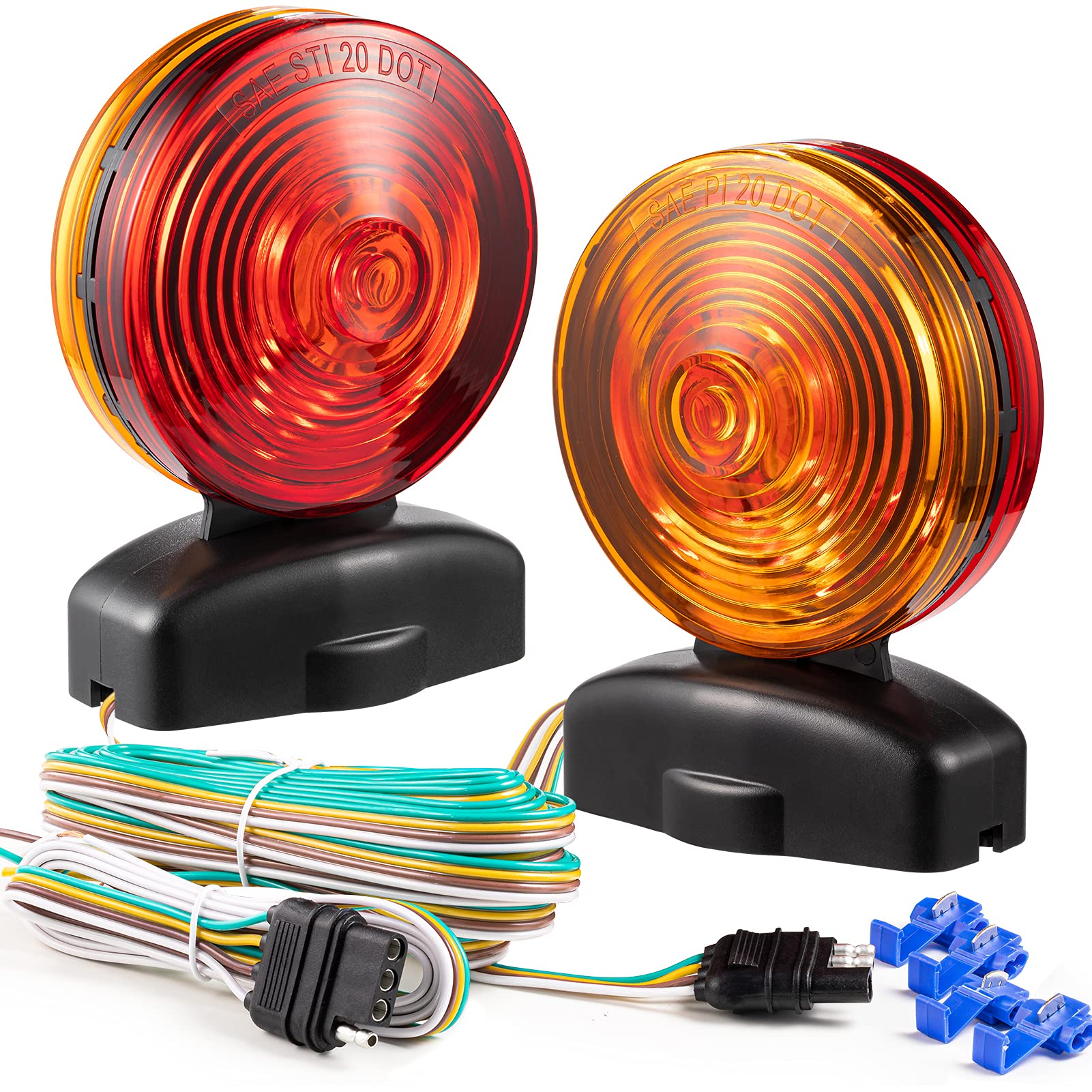 12V Magnetic Trailer Lights Kit - Red & Amber LED Tow Lights with 55lb Magnetic Strength, 20' Cable - Turn, Brake, Running Lights for Trailers, RVs, Trucks, Cars, Bikes & Tow Dollies - Ideal for Night Towing, Emergency Roadside Use & Off-Road Adventures
