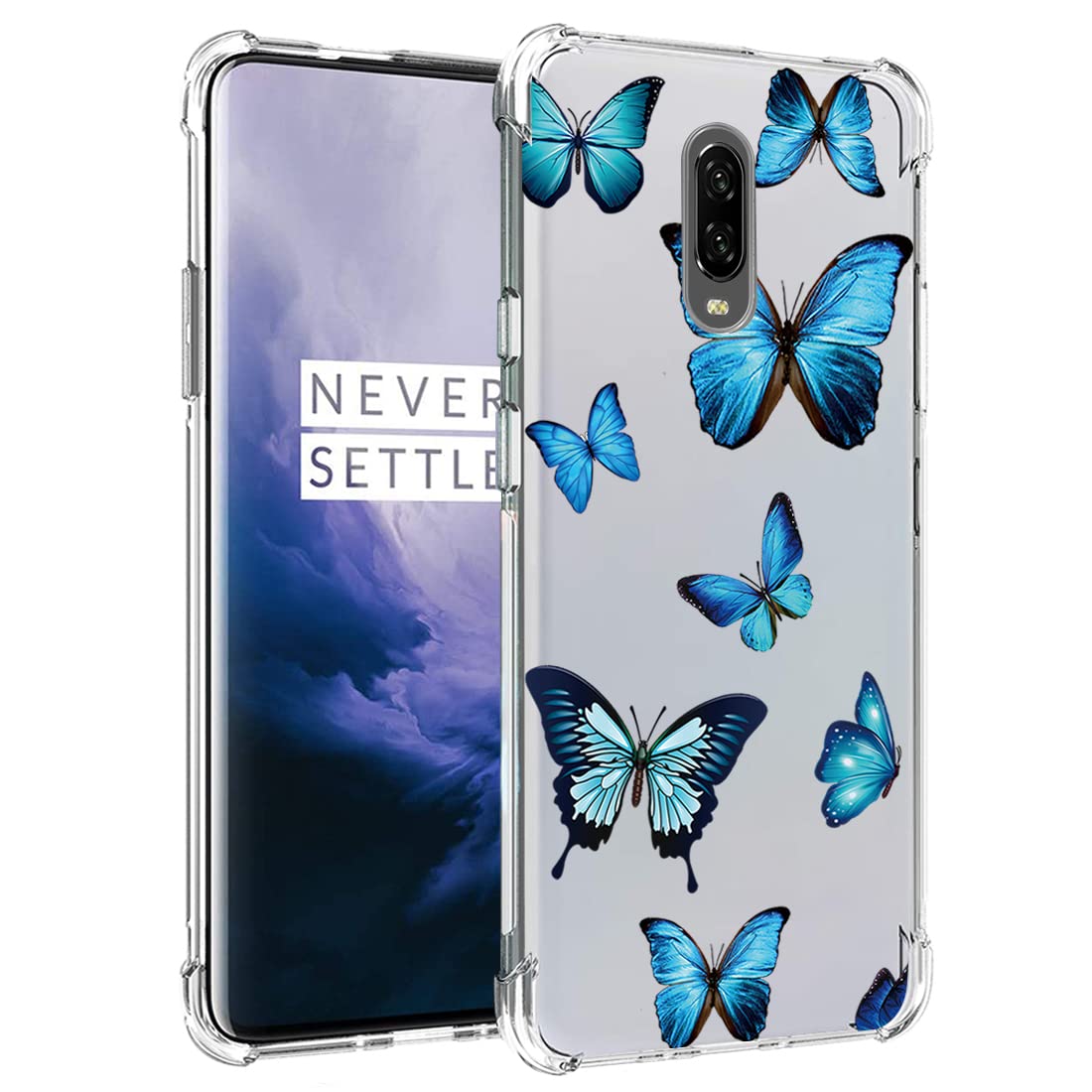 Cute Clear Slim Shockproof TPU Case for OnePlus 7 GM1901 & OnePlus 6T A6010 - Blue Butterfly Pattern Soft Flexible Rubber Protective Phone Cover for Women | Perfect for Everyday Use, Work & Travel