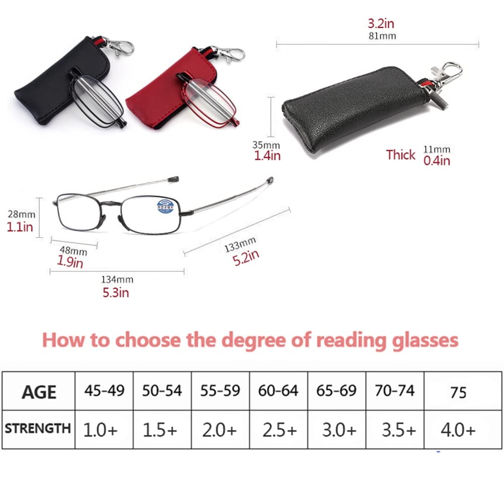 Anti Blue Light Reading Glasses - Mini Compact Folding Design with Telescopic Temple & Spring Hinge - 3.5+ Magnification - Keychain Leather Case Included (Red) - Perfect for Computer Work, Reading & Travel