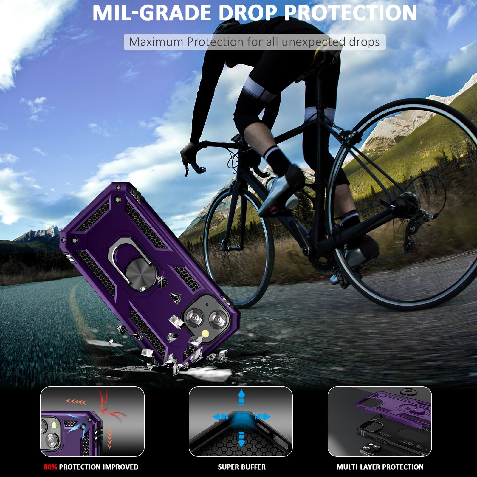ADDIT iPhone 13 Case with Stand Ring & Magnetic Car Mount - Military Grade Heavy Duty Protective Phone Cover for Women (Purple) - Perfect for Work, Travel & Everyday Use