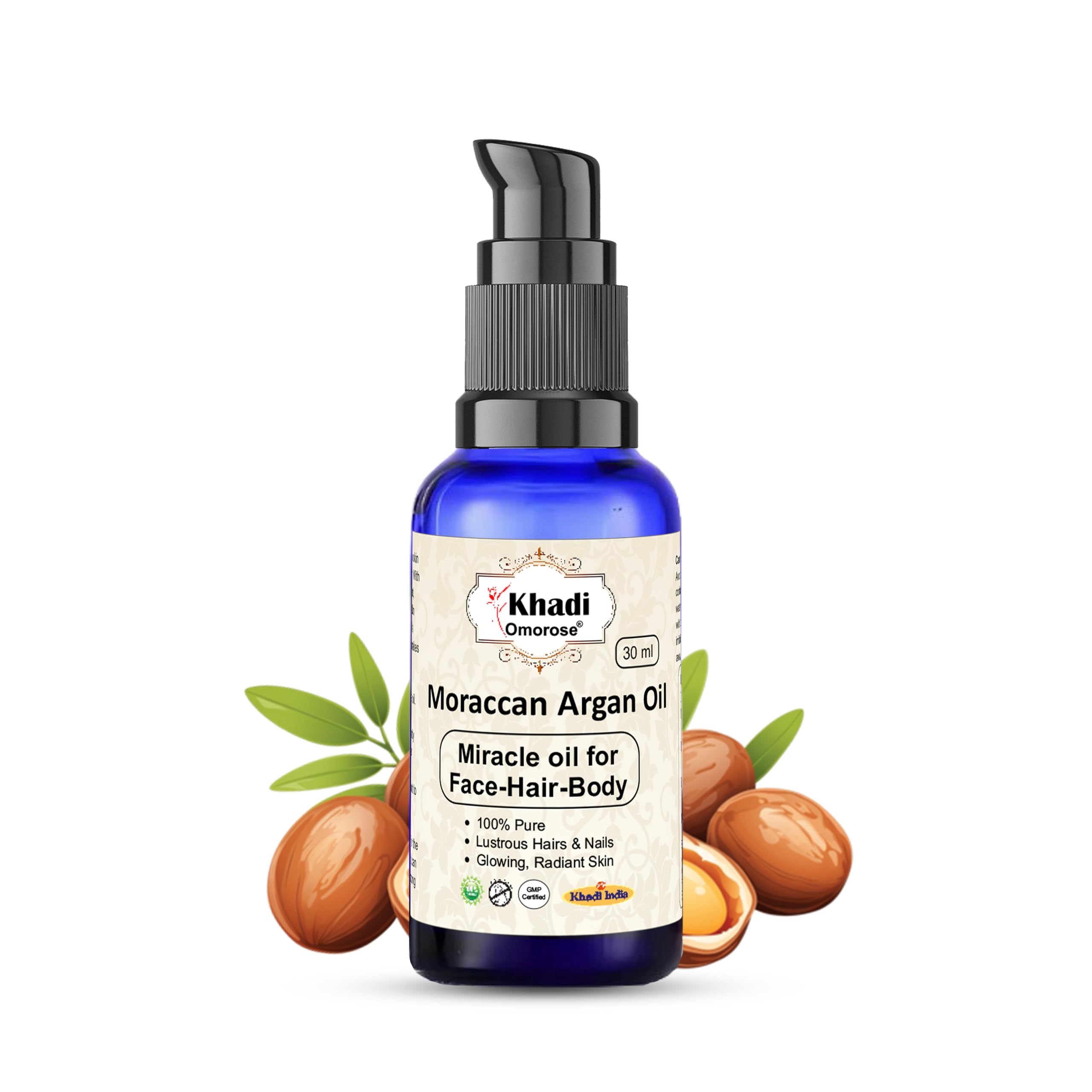 Organic Cold Pressed Khadi Omorose Moroccan Argan Oil - 30ml for Skin, Hair & Anti-Aging Face Care - Perfect for Daily Moisturizing, Hair Repair & Youthful Glow