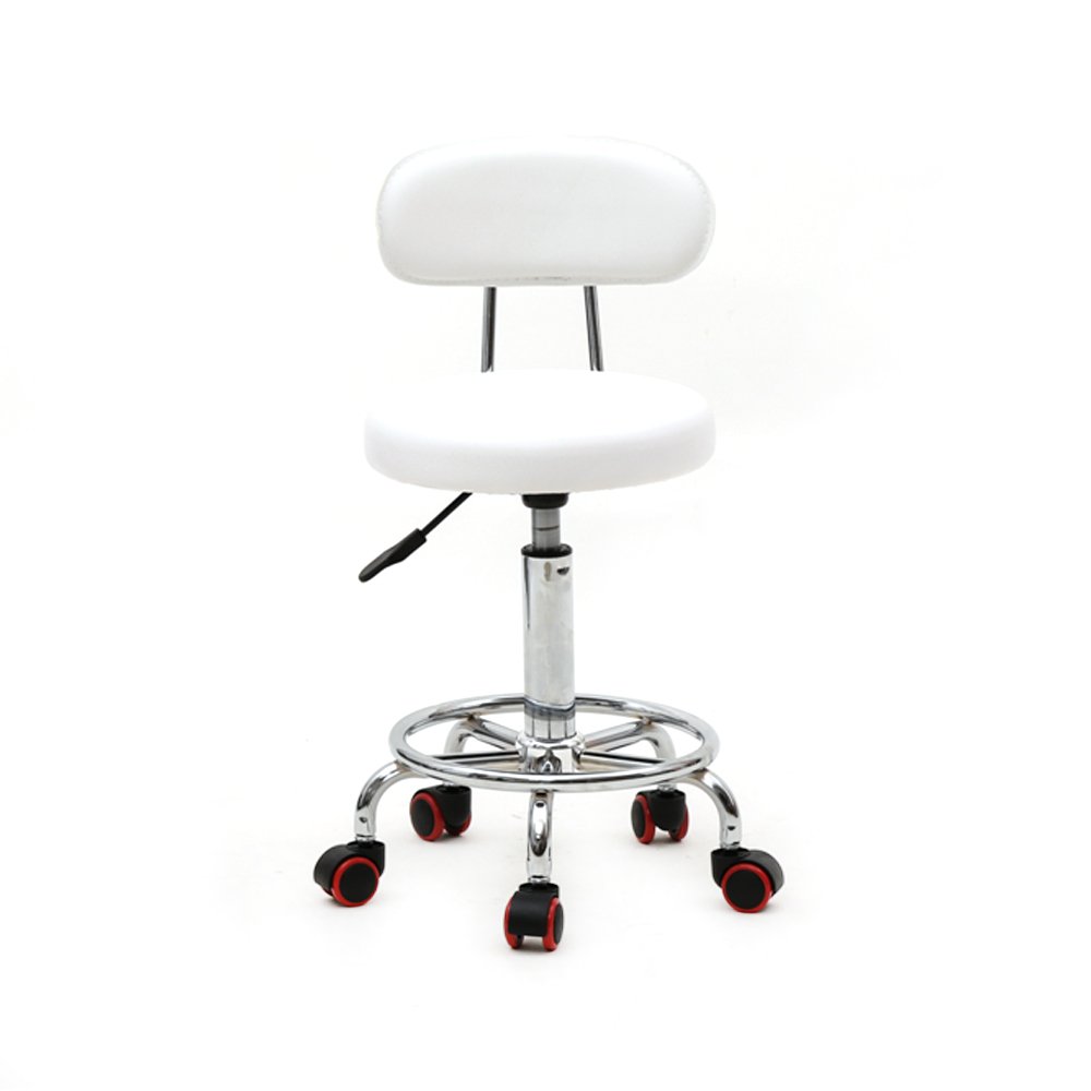 Adjustable Rolling Swivel Stool with Soft Backrest - 360° Swivel Wheels & Metal Frame for Salon, Bar, Spa, Medical, Home Office (White) - Perfect for Hair Styling, Makeup, Massage & Desk Work
