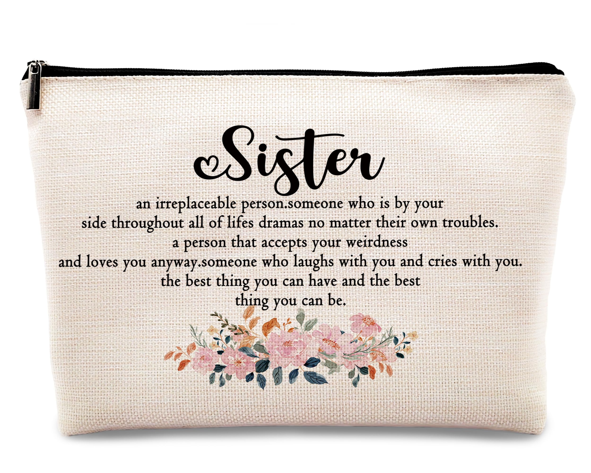 KDQUA Sister Makeup Bag - Best Gifts for Sisters, Big Sister Little Sister Friendship Gift - Linen Cosmetic Zipper Pouch, Travel Toiletry Organizer - Perfect for Birthday, Christmas & Travel (Inspirational Sister Gifts for Women)