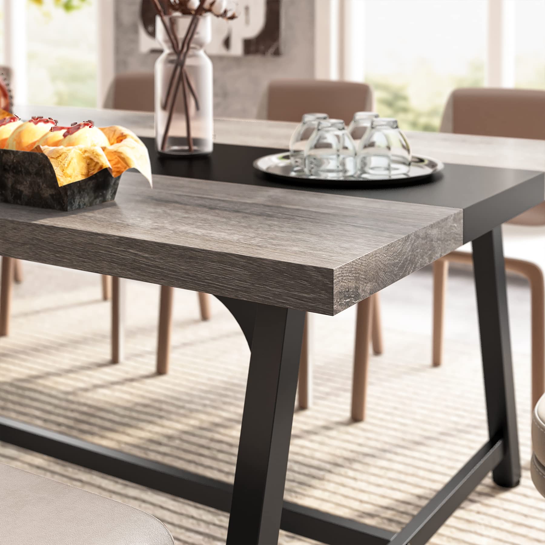 Tribesigns 70.87-inch Rectangular Dining Table for 8 People - Solid Wood Kitchen Table with Sturdy Metal Frame, Industrial Style Large Dining Room Table for Big Families (Gray, No Chair Included) - Perfect for Family Gatherings, Dinner Parties & Open Concept Living Spaces