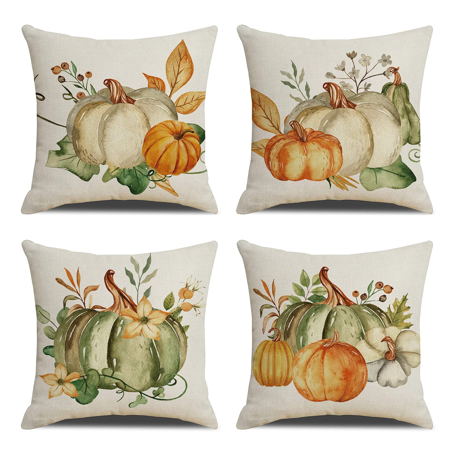 Fall Pumpkin Throw Pillow Covers Set of 4 - 18x18 Inch Autumn Thanksgiving Decorative Pillow Cases for Sofa, Couch, Bed - Cozy Home Decor for Living Room, Porch & Seasonal Holiday Decorations