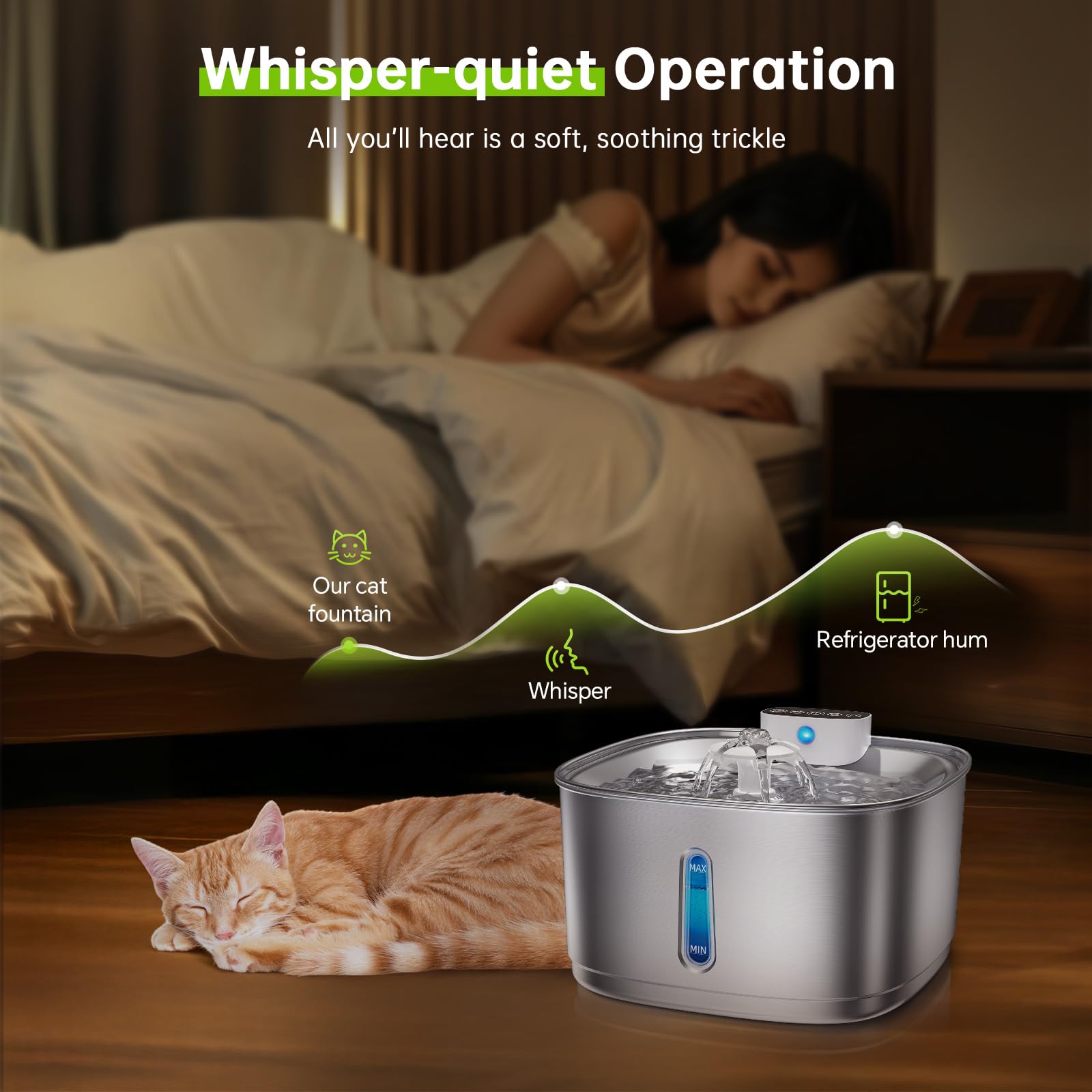 Stainless Steel Cat Water Fountain Wireless - 108oz/3.2L Cordless Pet Fountain with 4000mAh Battery, Motion Sensor & 3 Modes, Ultra Quiet Automatic Water Dispenser for Cats, Dogs, and Small Pets | Indoor Home Use for Hydration & Pet Health