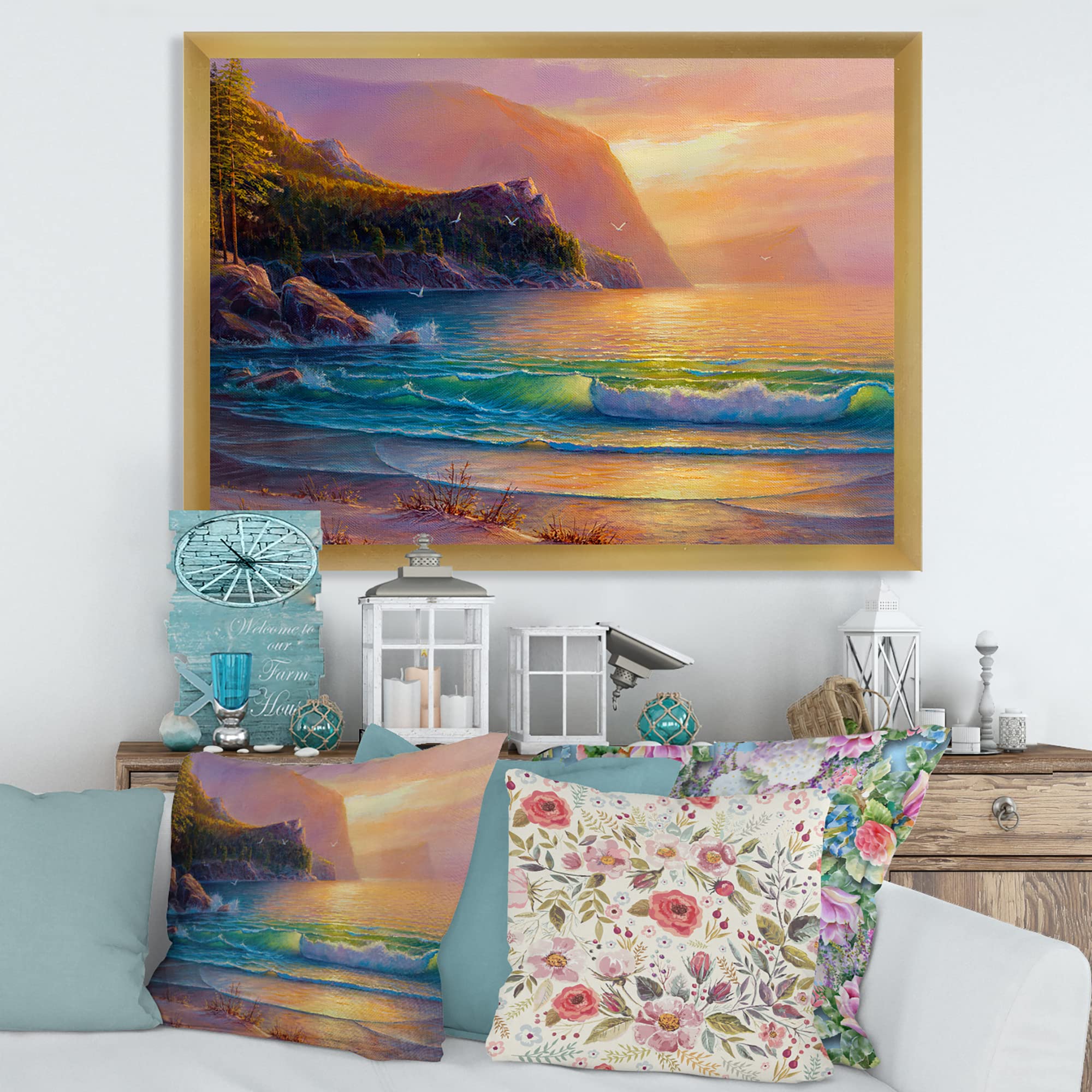Romantic Beach Sunset Nautical Coastal Framed Wall Art - Perfect for Living Room, Bedroom & Beach House Decor