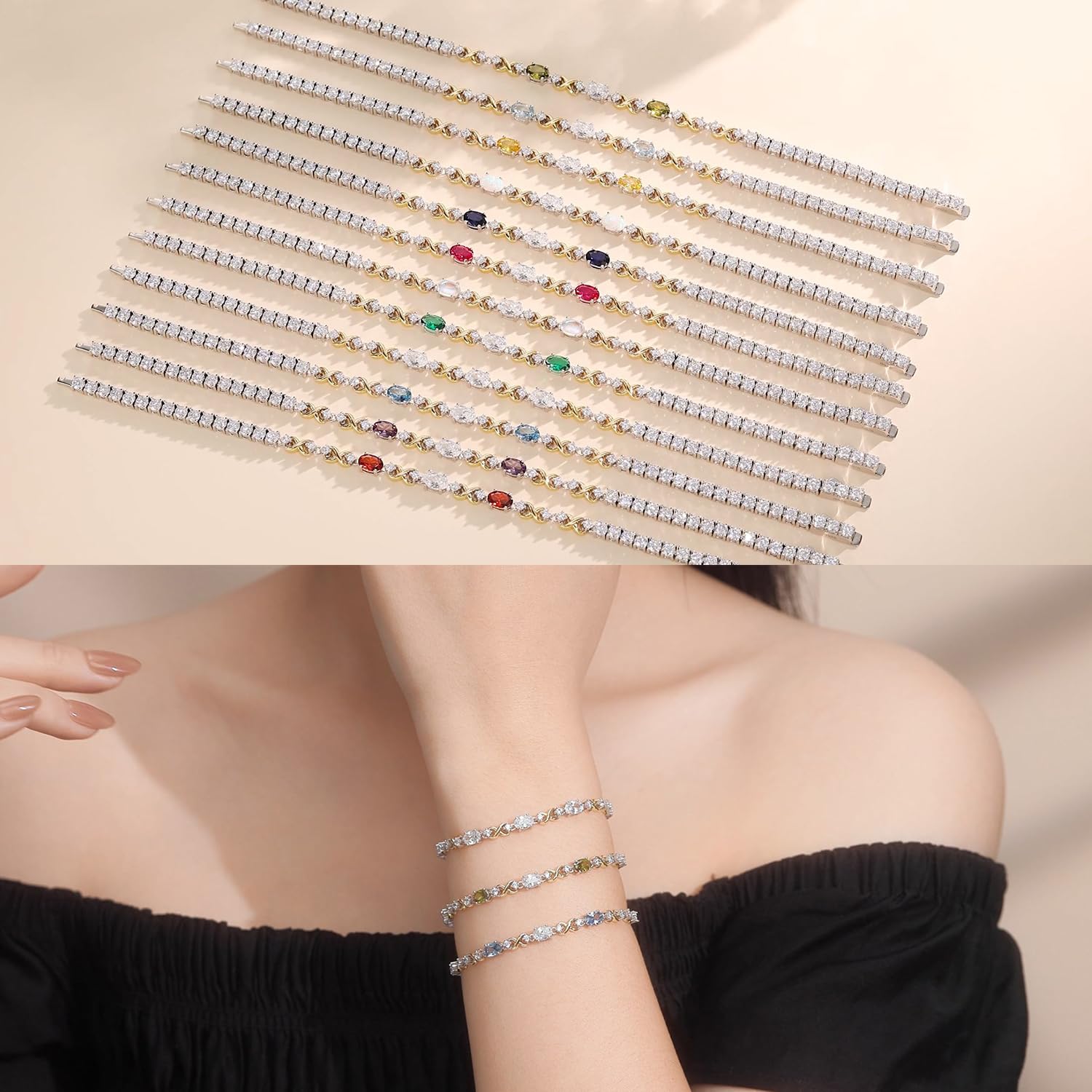FANCIME Sterling Silver Double Birthstone Tennis Bracelet for Women - Personalized Anniversary & Birthday Jewelry Gift (7.28 Inch) - Perfect for Special Occasions, Date Nights & Everyday Elegance