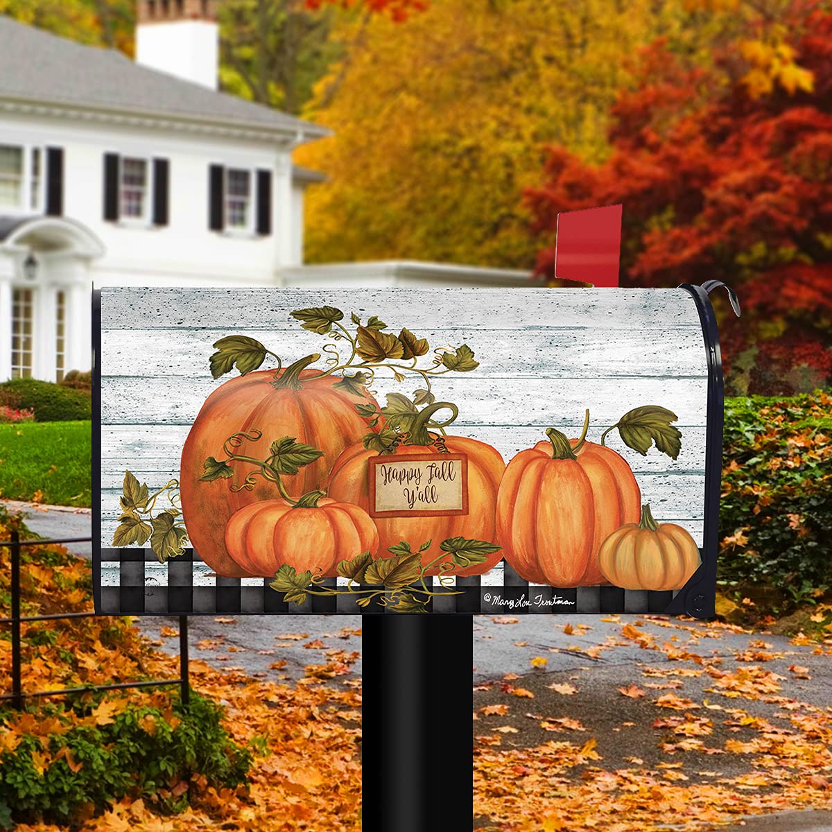 Happy Fall Y'all Pumpkins Farmhouse Magnetic Mailbox Cover - Autumn Checkers Design for Standard Mailboxes | Seasonal Home Decor for Thanksgiving & Halloween