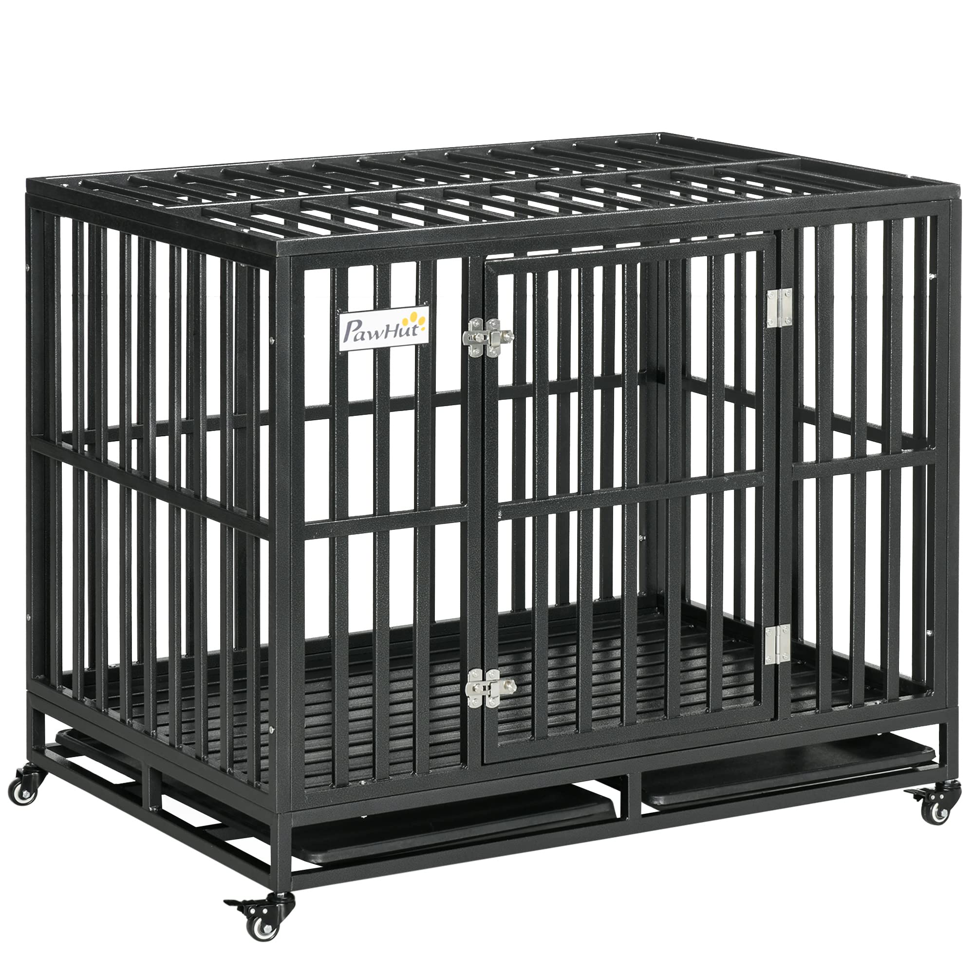 Heavy Duty Metal Dog Crate Kennel with Lockable Wheels, Slide-Out Tray & Anti-Pinching Floor - Secure Indoor/Outdoor Pet Playpen for Large Dogs - Perfect for Home, Travel & Vet Visits