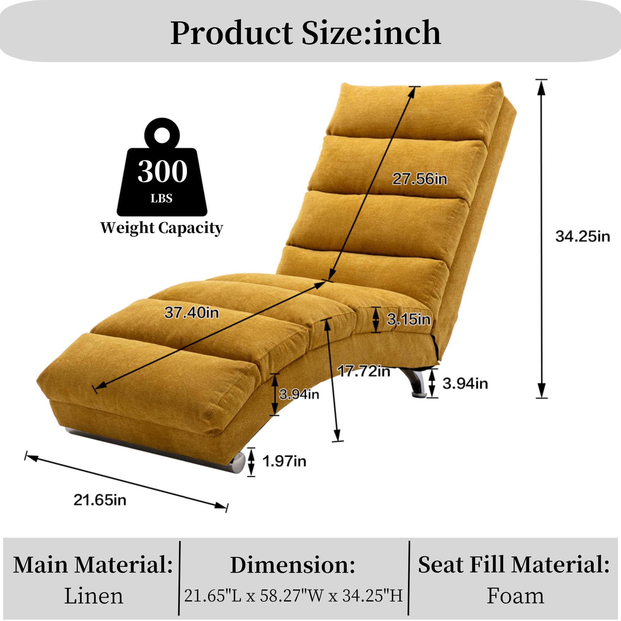 Premium Linen Chaise Lounge Chair with Electric Massage & Recliner - Modern Upholstered Sleeper Sofa for Bedroom, Living Room & Office - Yellow | Perfect for Relaxation, Napping & Home Decor