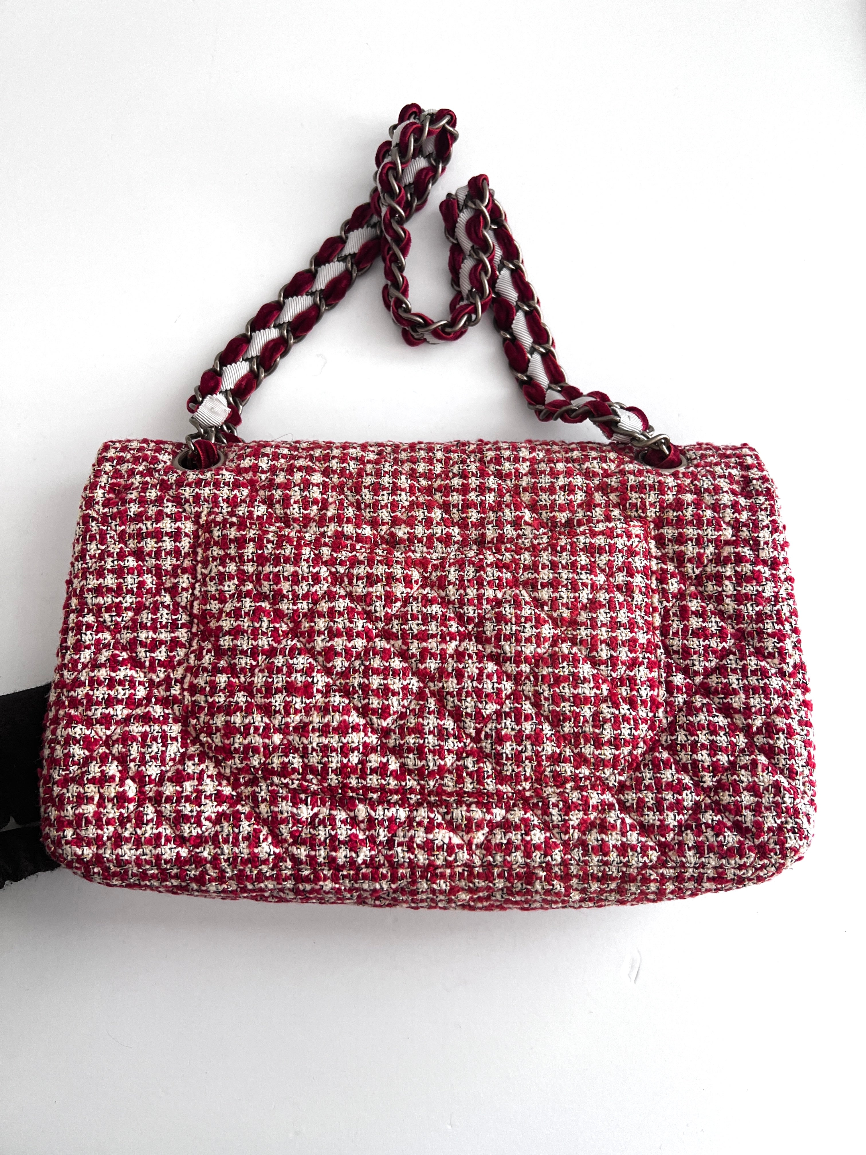 Chanel Red Velvet Chain Double Flap Tweed Bag - Luxury Designer Handbag for Women, Perfect for Parties, Weddings & Special Occasions