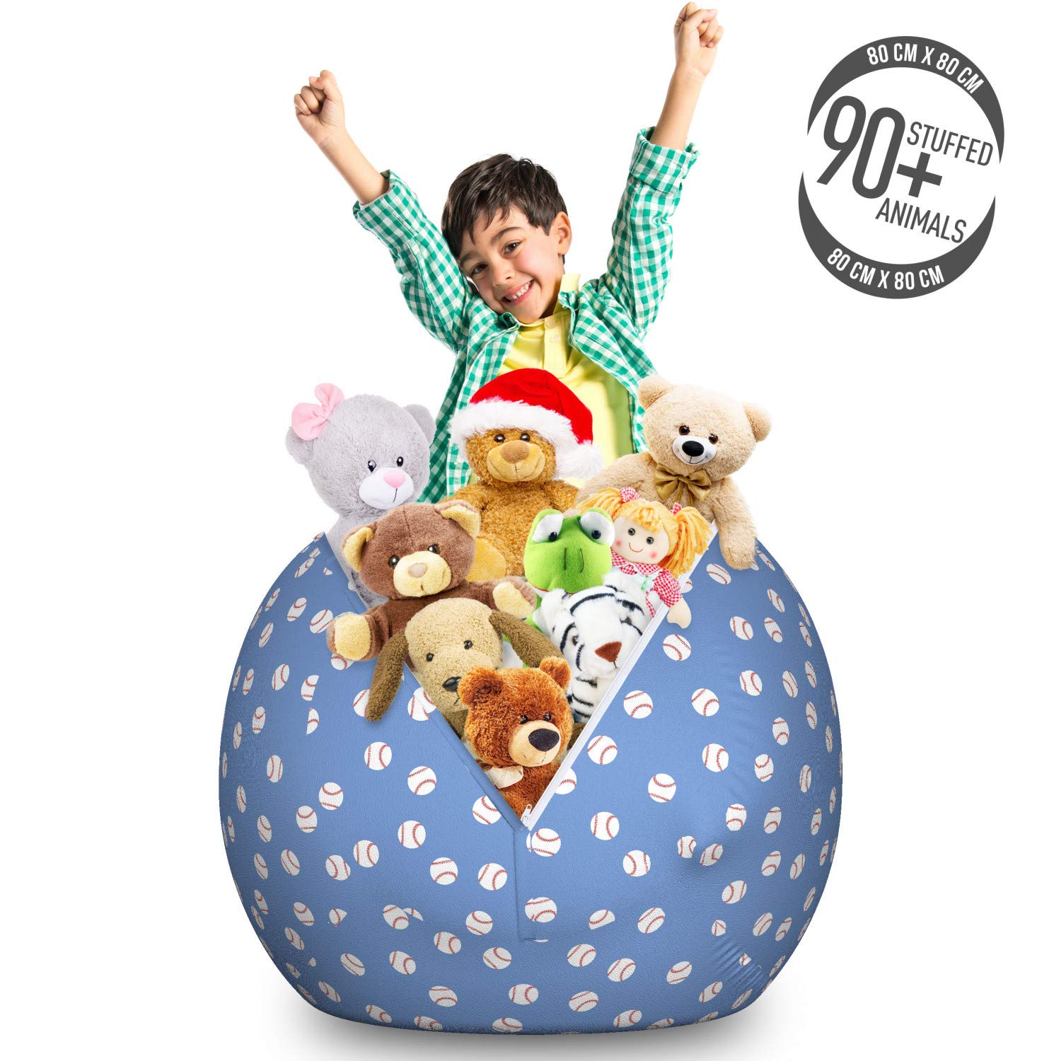 Ambesonne Baseball Toy Storage Bag Chair - Large Washable Organizer for Softballs, Stuffed Animals & Toys - Blue & Vermilion Sports-Themed Design - Perfect for Kids' Rooms, Playrooms & Sports Enthusiasts