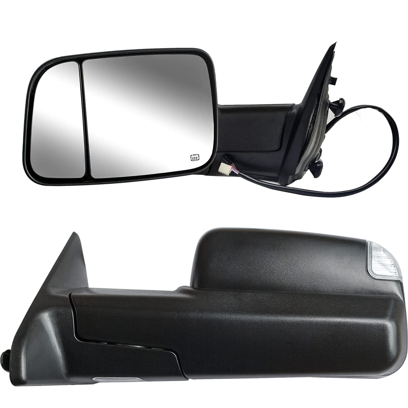 Heated Power-Folding Towing Mirrors with LED Turn Signals & Puddle Lamps for 2009-2018 Dodge Ram 1500/2500/3500 Pickup Trucks - Defrost & Temperature Sensor - Perfect for Towing, Off-Roading & Night Driving