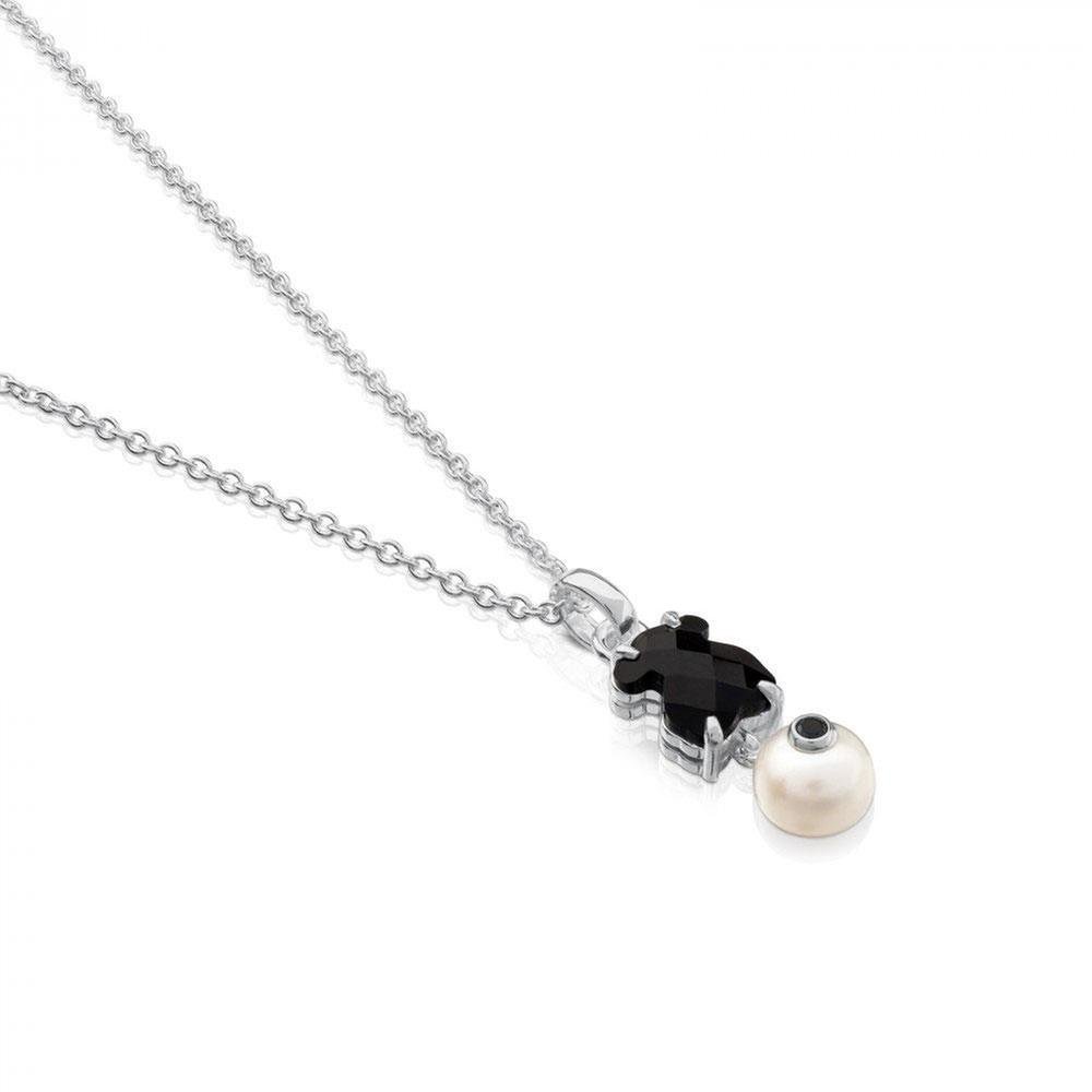TOUS Black Onyx and Pearl Sterling Silver Necklace for Women - Elegant Layered Pendant Jewelry Gift for Birthday, Anniversary & Valentine's Day