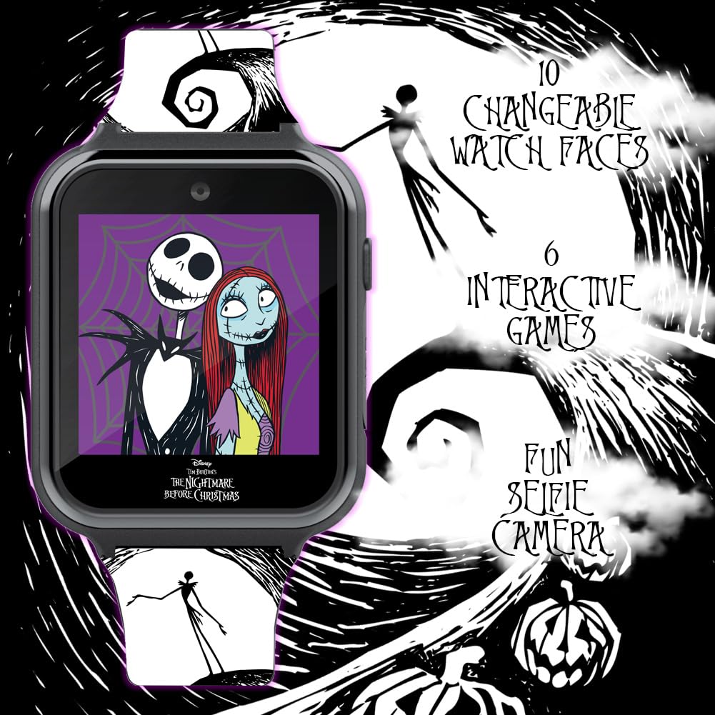 Disney Nightmare Before Christmas Kids Smartwatch – Interactive Jack & Sally Design with 10 Clock Faces, Step Counter, Selfie Camera, Games, Calculator, Alarm & Timer – Fits Wrists 5.5