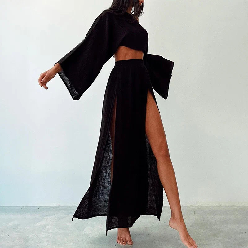 Stylish Women's Linen 2-Piece Set - Crop Top & High Waist Slit Maxi Skirt | Summer Beach Cover Up, Lounge Wear & Vacation Outfit | Breathable Linen Fabric for Casual, Boho & Date Night Looks